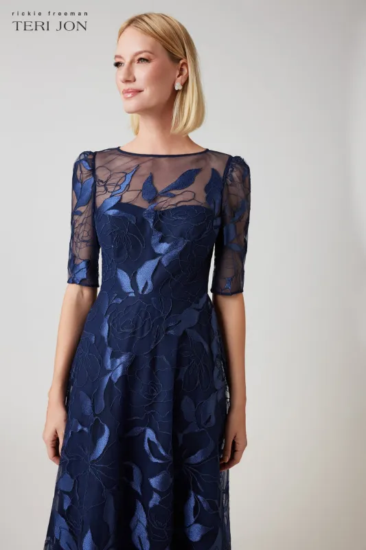 Embroidered Tulle Elbow Sleeve A Line Gown sold by Teri Jon