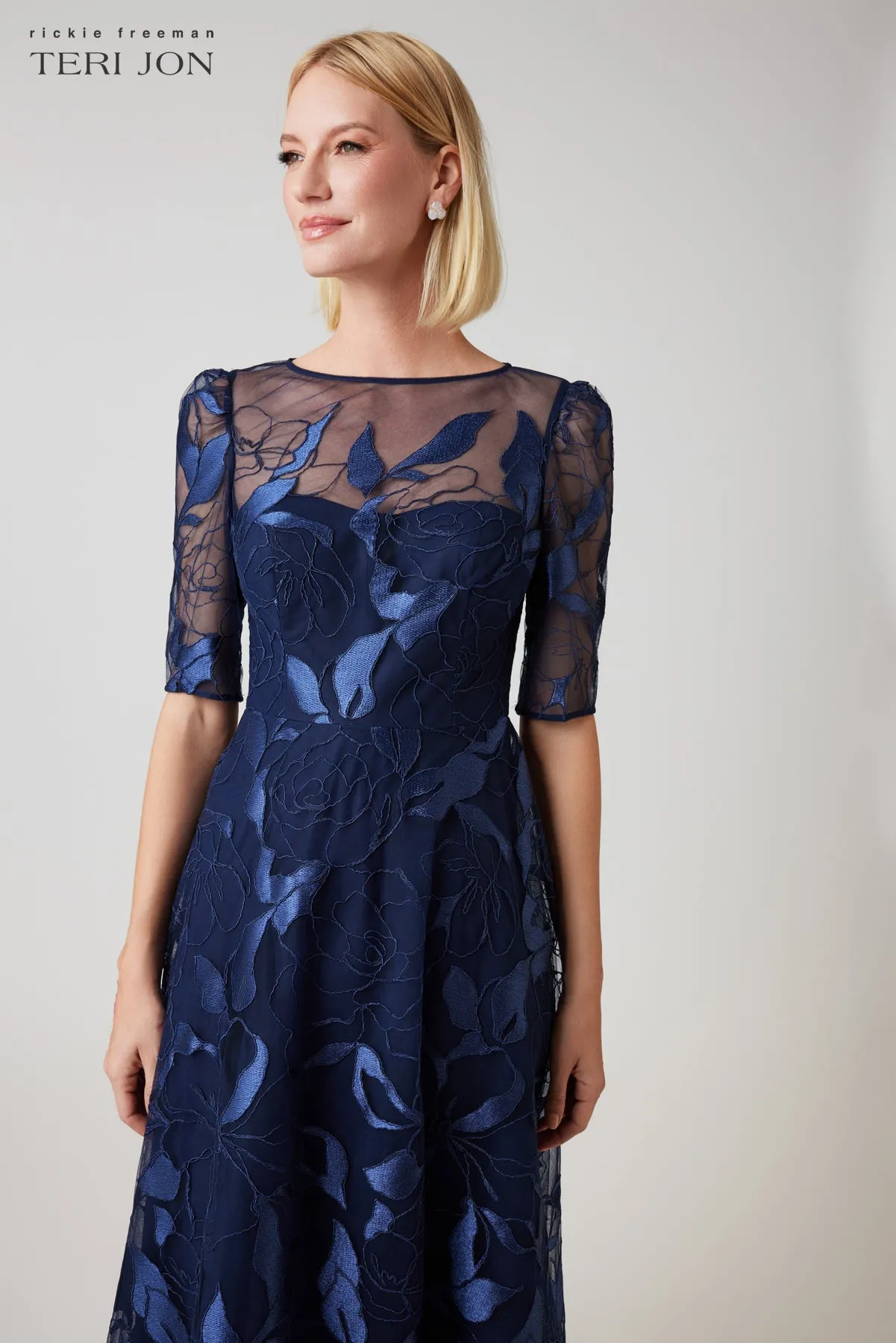 Embroidered Tulle Elbow Sleeve A Line Gown sold by Teri Jon