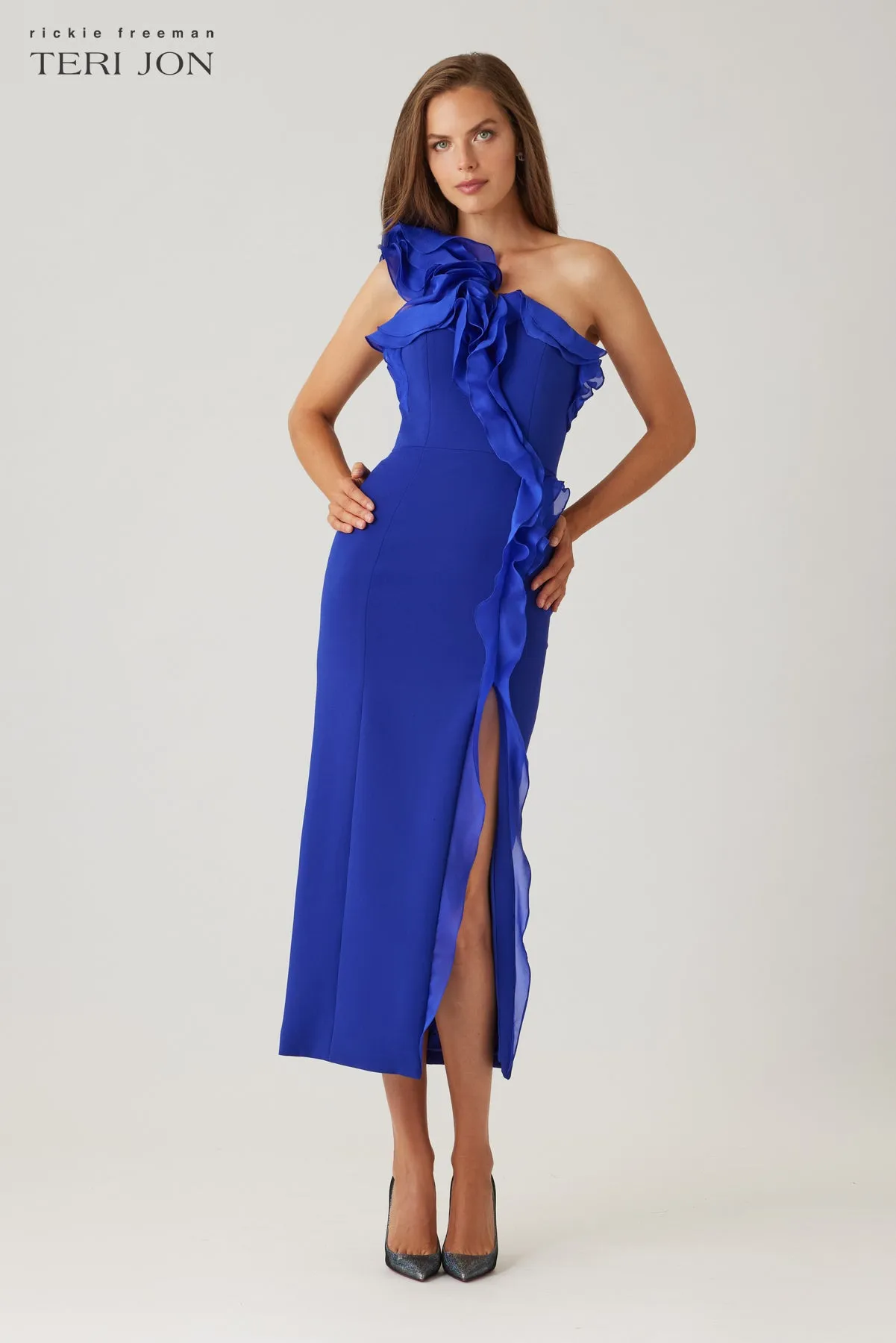 Crepe One Shoulder Organza Trim Dress sold by Teri Jon product image thumbnail 2