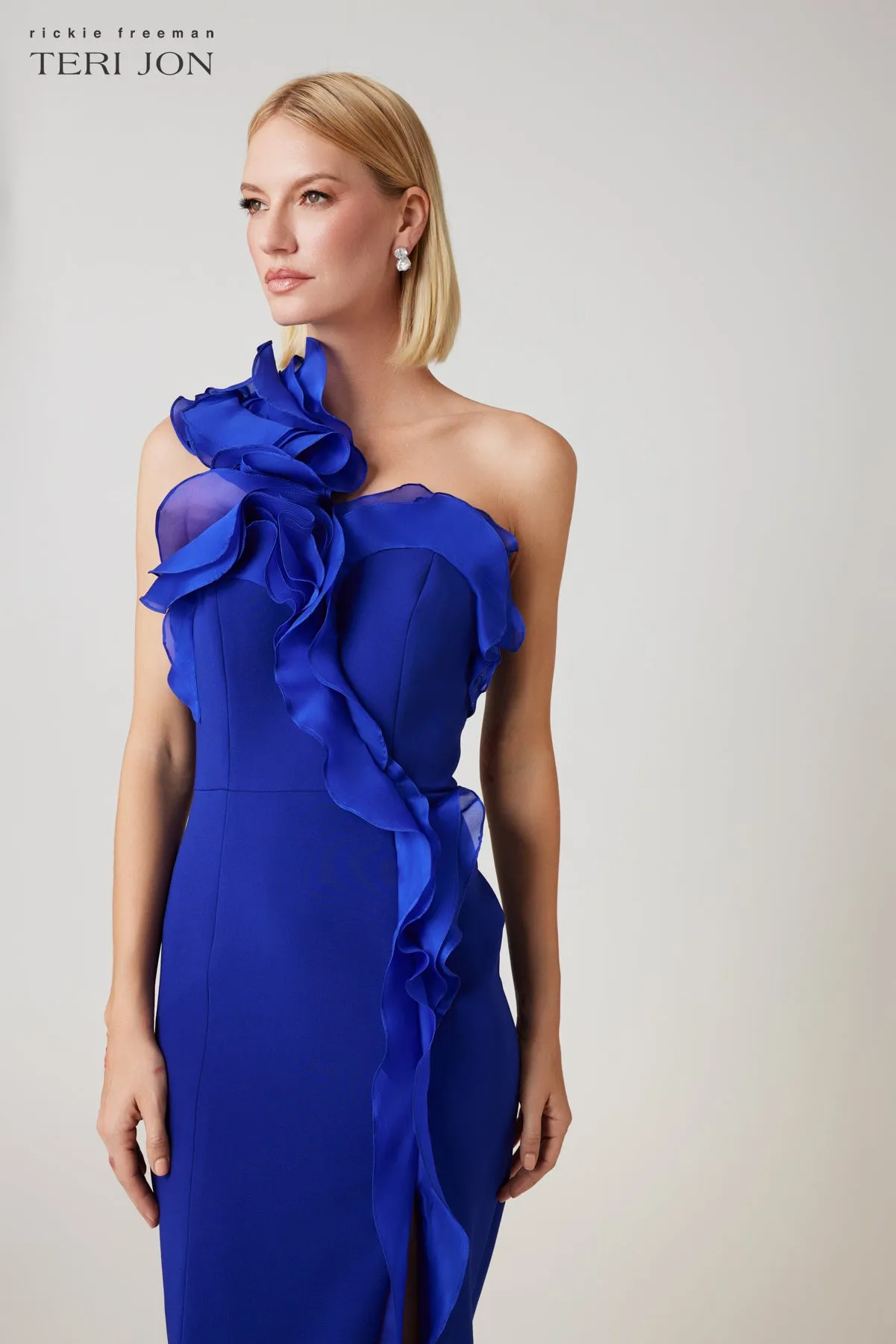 Crepe One Shoulder Organza Trim Dress sold by Teri Jon product image thumbnail 4