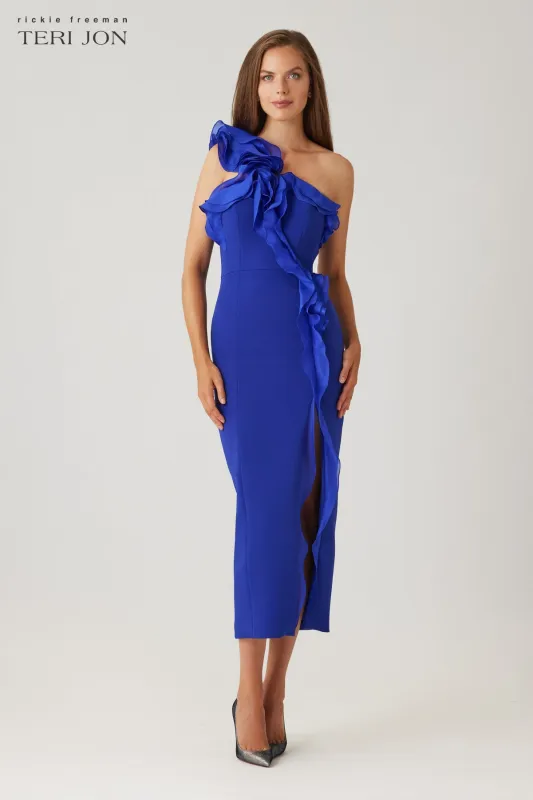 Crepe One Shoulder Organza Trim Midi Dress sold by Teri Jon