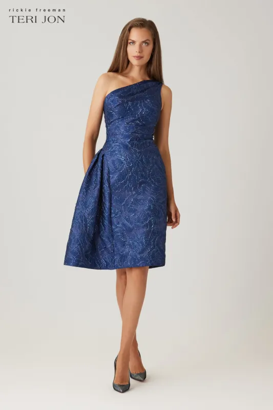 Metallic Jacquard One Shoulder Side Drape Dress sold by Teri Jon