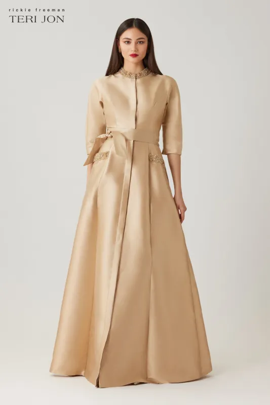 Mikado Bead Collar And Pocket Shirt Waist Gown sold by Teri Jon