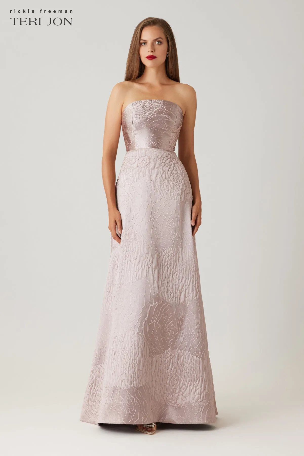 Jacquard Strapless Flower Motif Gown sold by Teri Jon