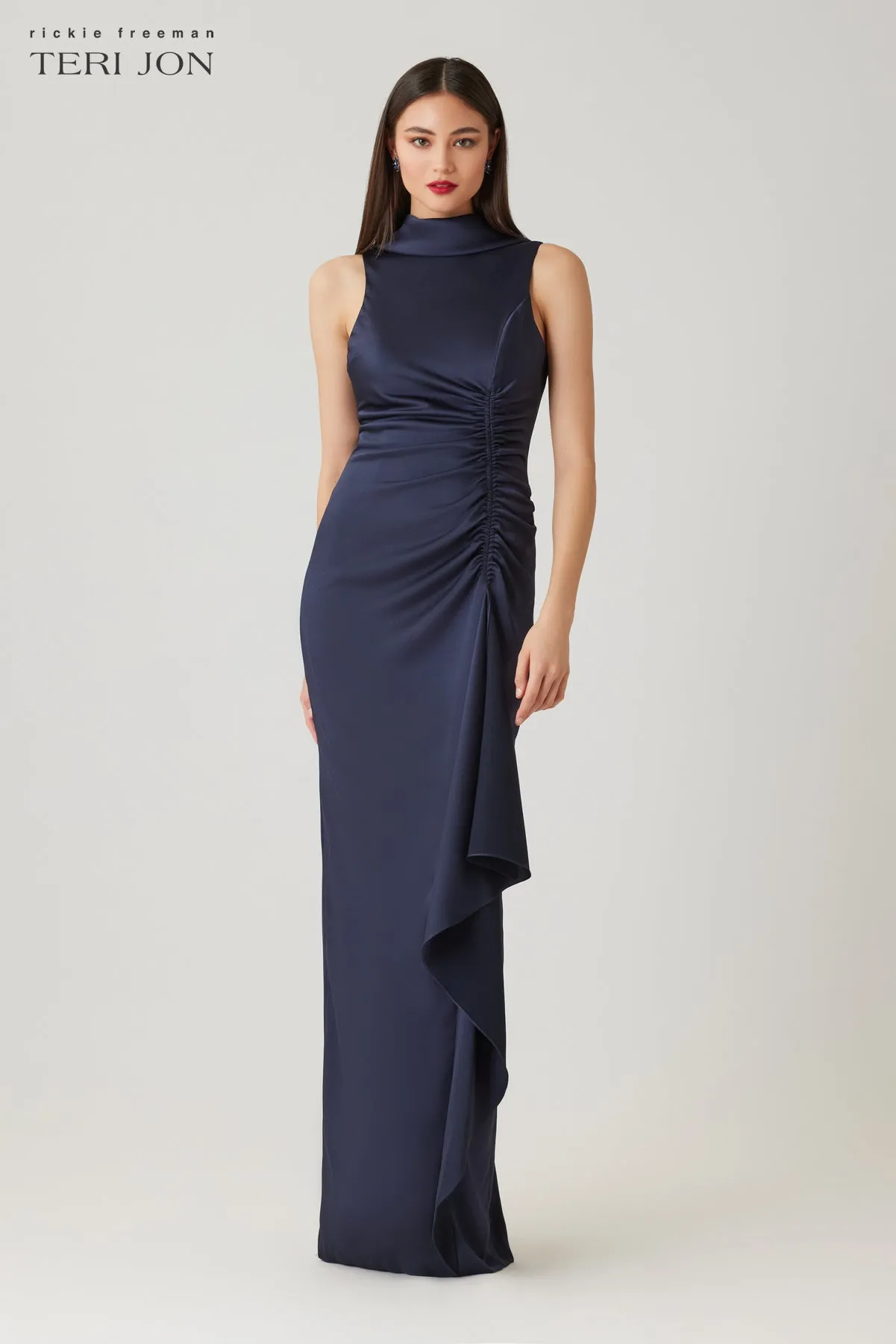 Charmeuse Roll Neck Ruched Waist Gown sold by Teri Jon