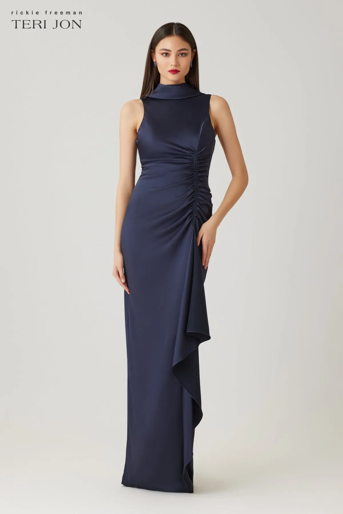 Charmeuse Roll Neck Ruched Waist Gown sold by Teri Jon product image thumbnail 2