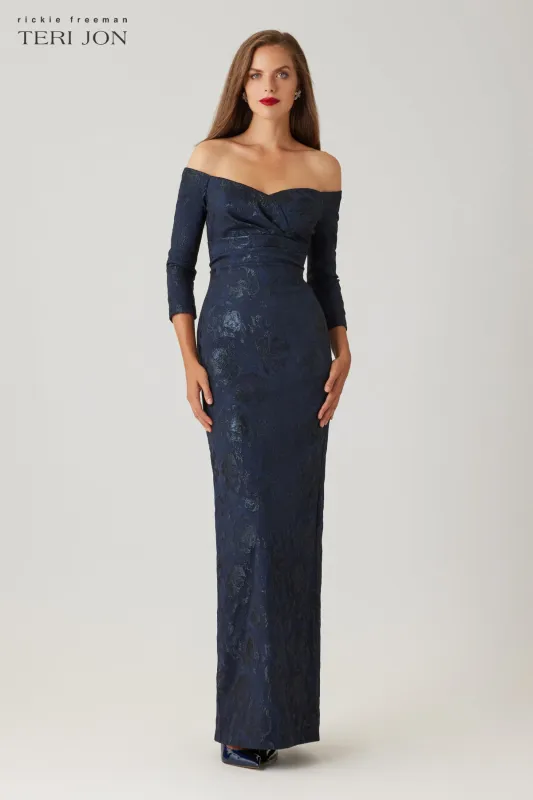Jacquard Portrait Ruched Neck Gown sold by Teri Jon