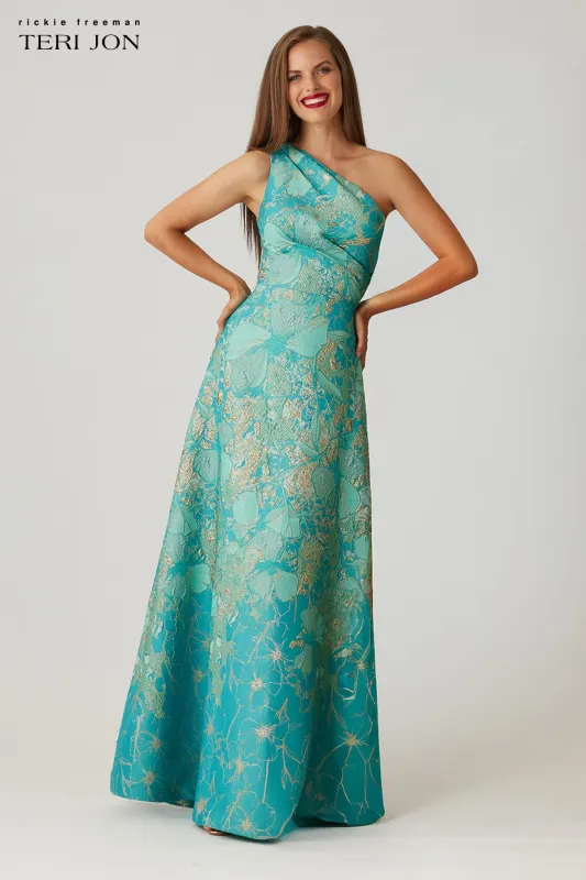 Metallic Jacquard Floral One Shoulder Gown sold by Teri Jon