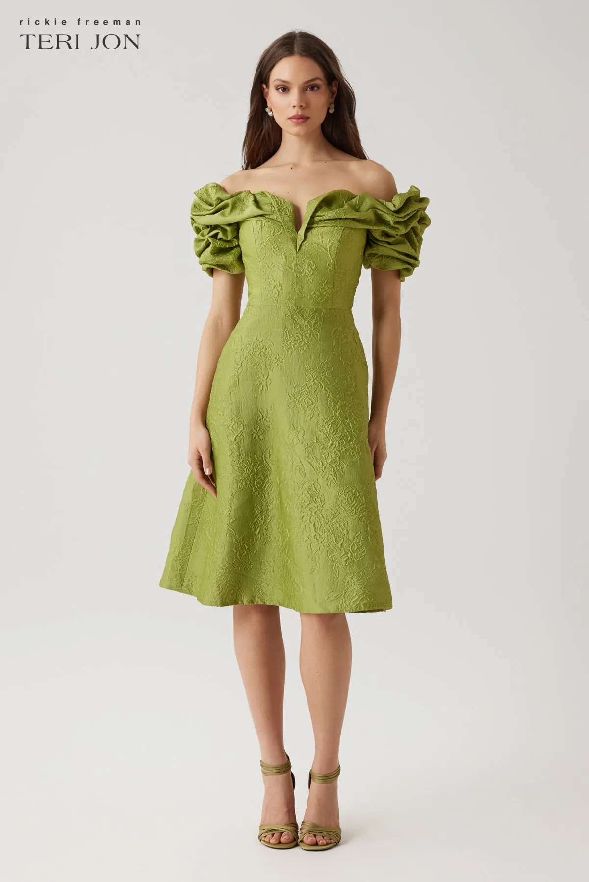 Jacquard Floral Scrunched Off The Shoulder Dress sold by Teri Jon