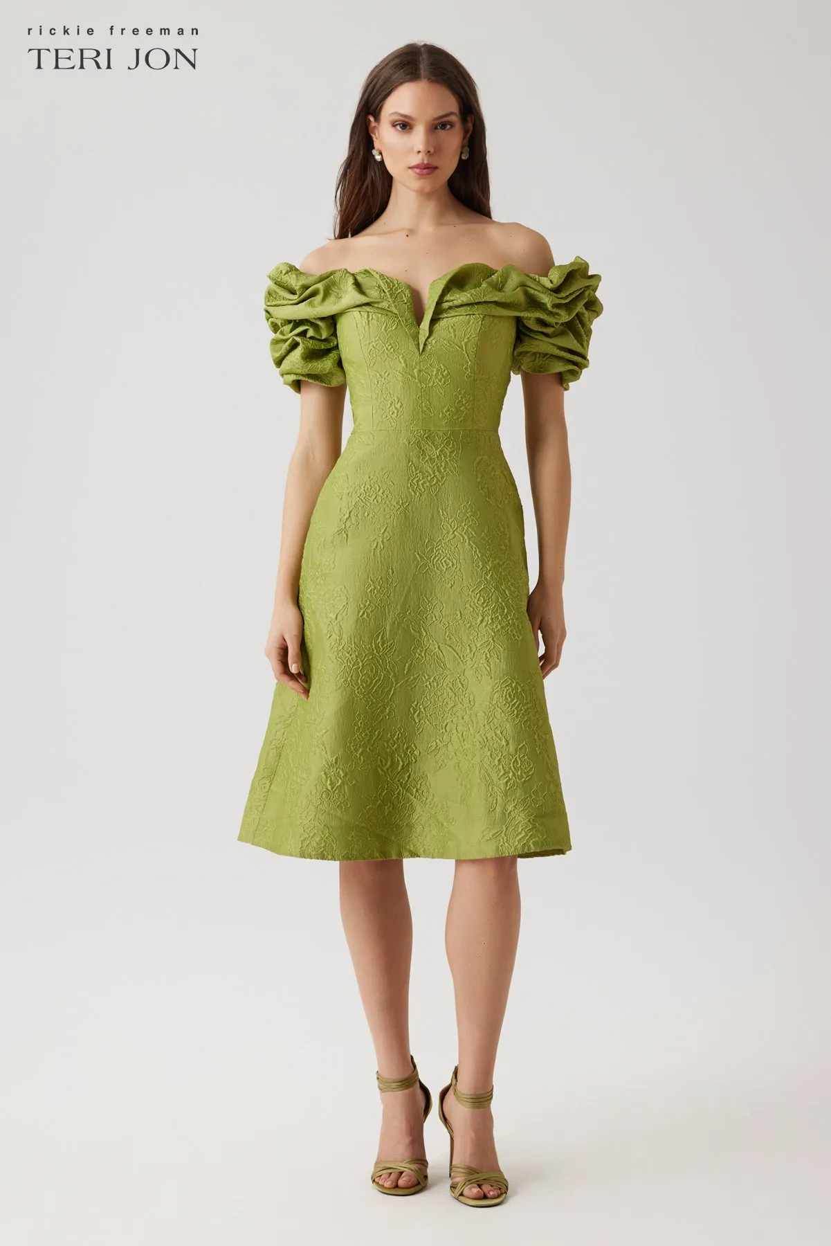 Jacquard Floral Scrunched Off The Shoulder Dress sold by Teri Jon product image thumbnail 2