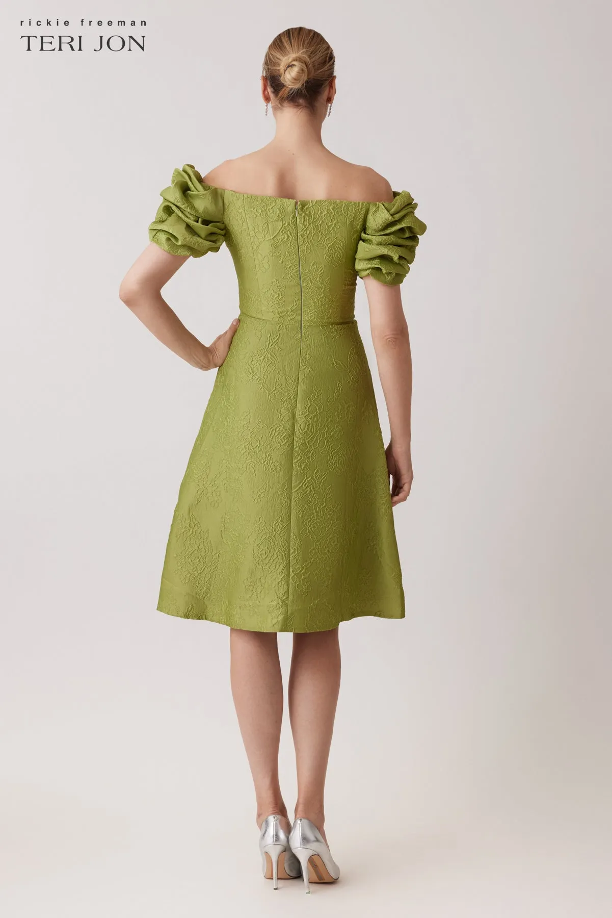 Jacquard Floral Scrunched Off The Shoulder Dress sold by Teri Jon product image thumbnail 4