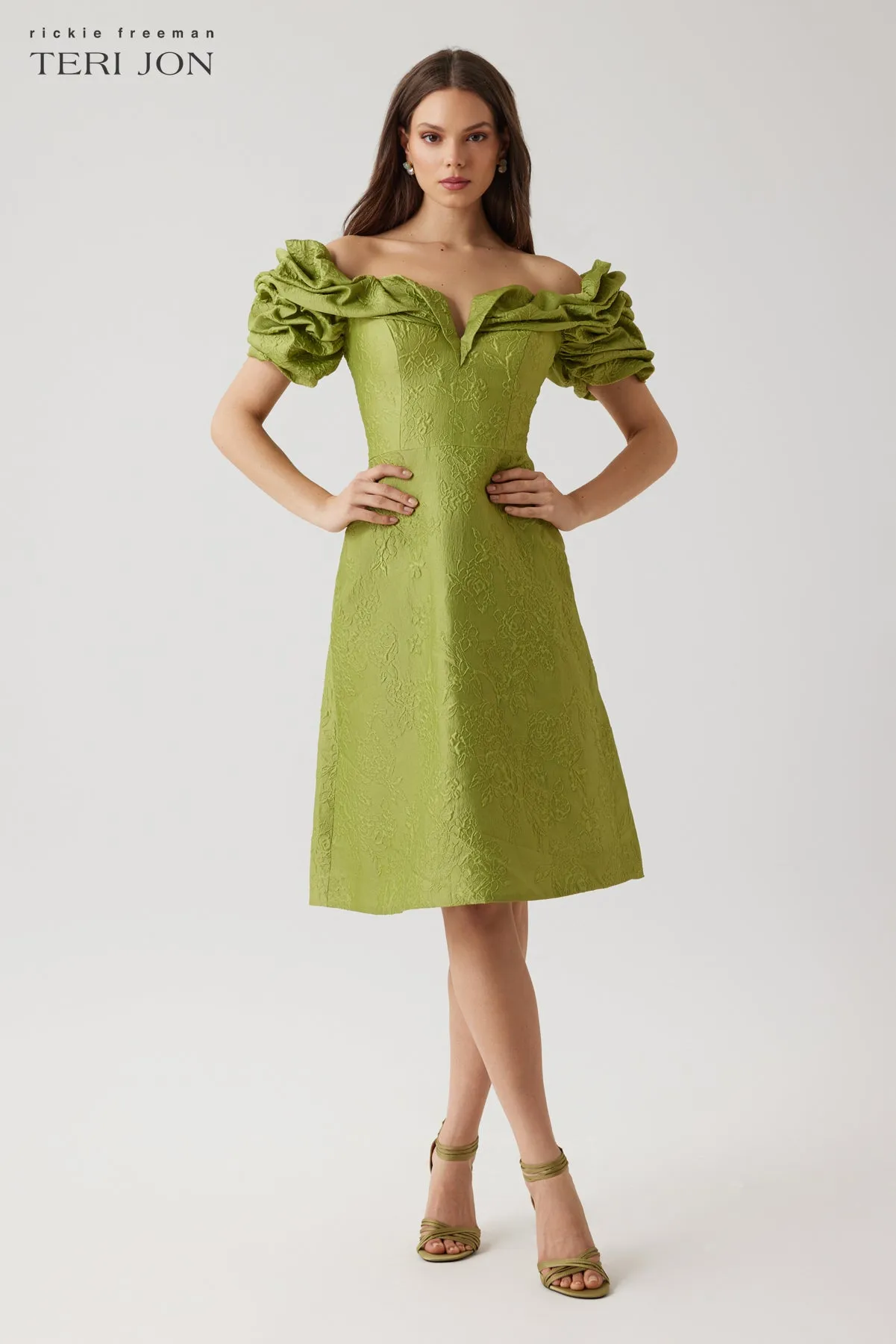 Jacquard Floral Scrunched Off The Shoulder Dress sold by Teri Jon product image thumbnail 3