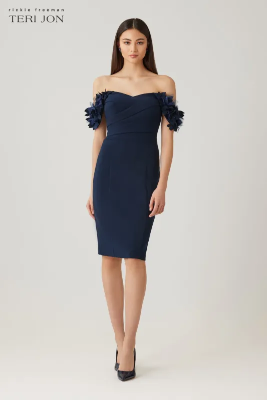 Stretch Crepe Petal Trim Off Shoulder Dress sold by Teri Jon