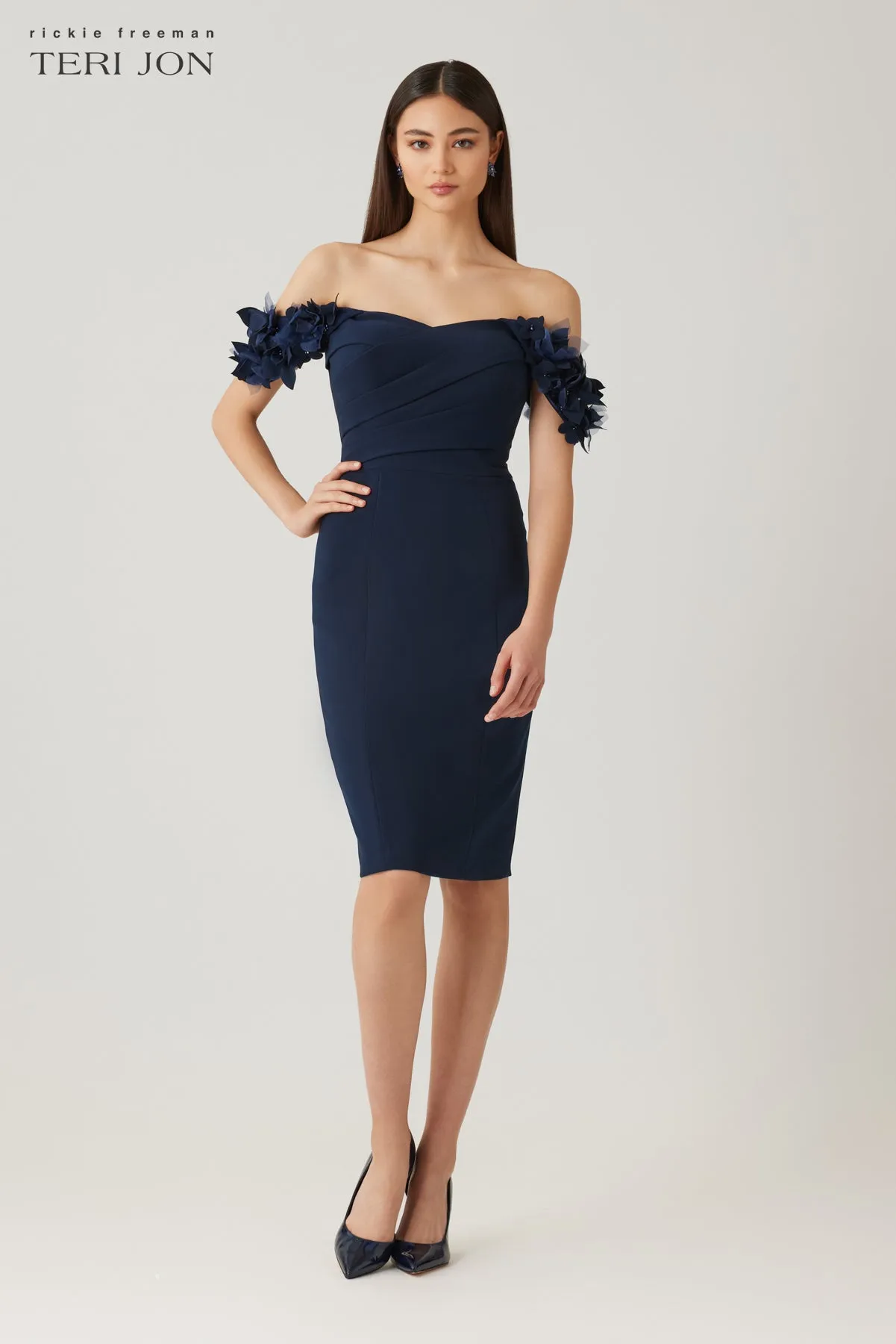 Stretch Crepe Petal Trim Off Shoulder Dress sold by Teri Jon product image thumbnail 2