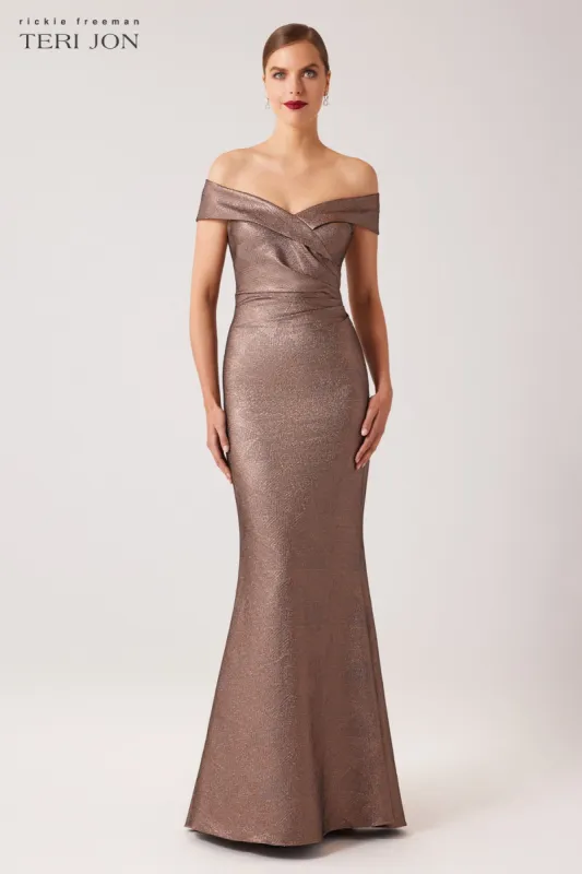 Metallic Jacquard Portrait Side Drape Gown sold by Teri Jon