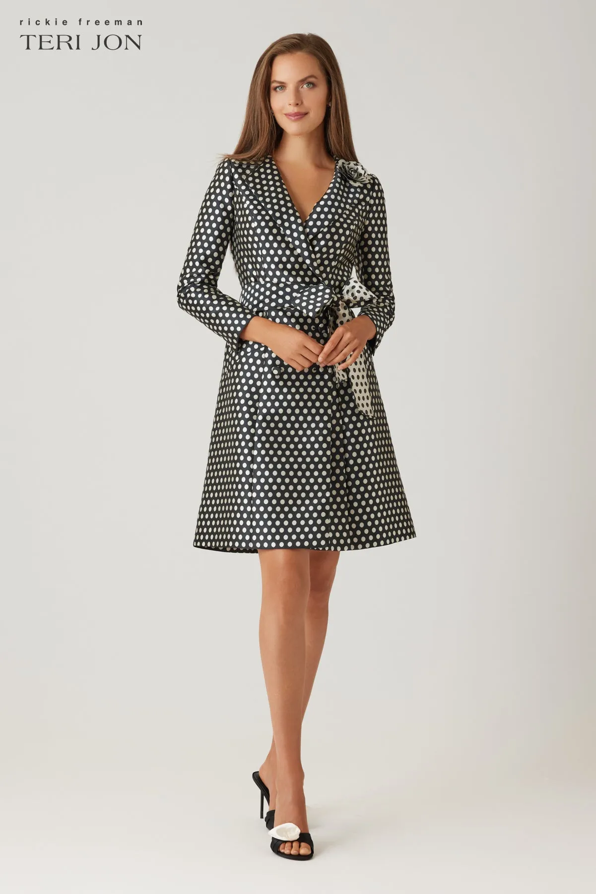 Mikado Polka Dot Flower Corsage Coat Dress sold by Teri Jon