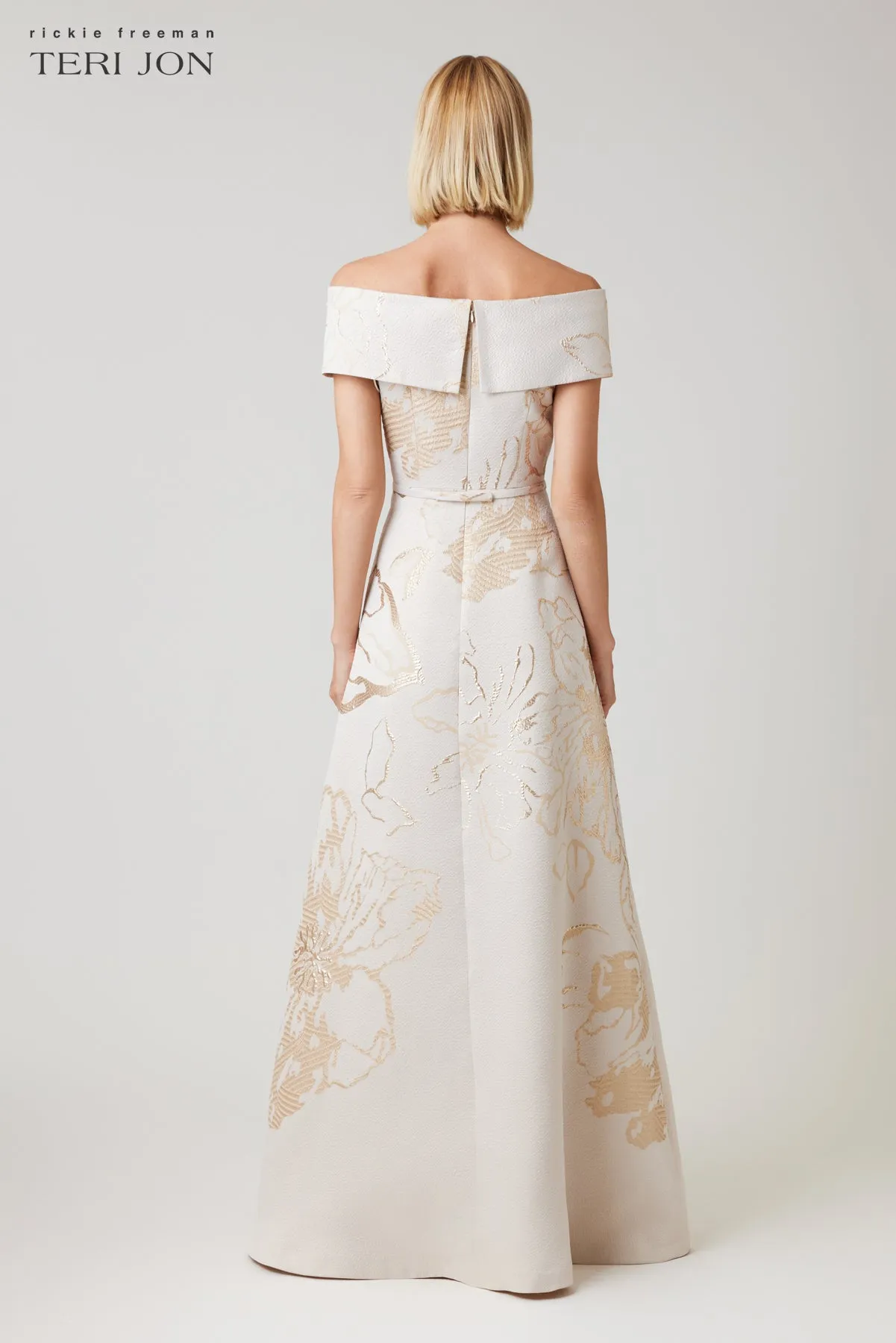 Jacquard Metallic Pattern Cuff Bodice Gown sold by Teri Jon product image thumbnail 4