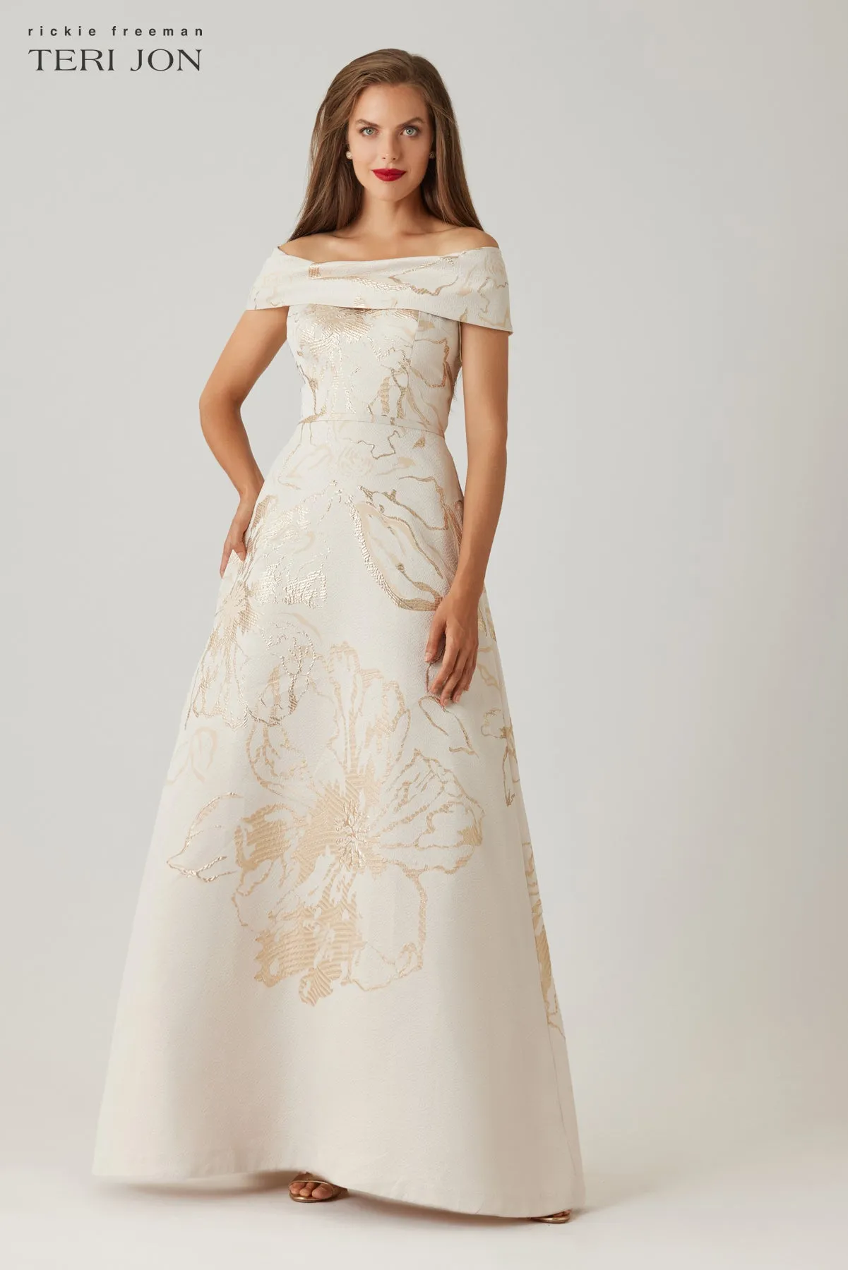 Jacquard Metallic Pattern Cuff Bodice Gown sold by Teri Jon