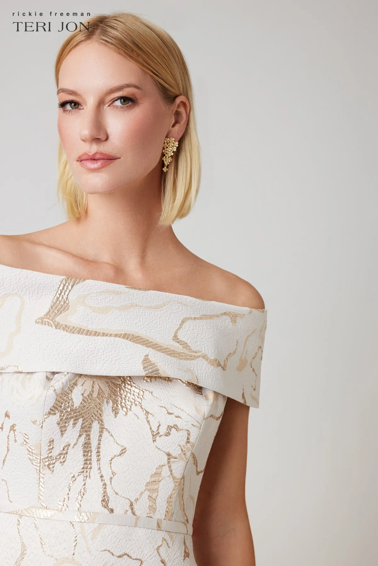 Jacquard Metallic Pattern Cuff Bodice Gown sold by Teri Jon product image thumbnail 3