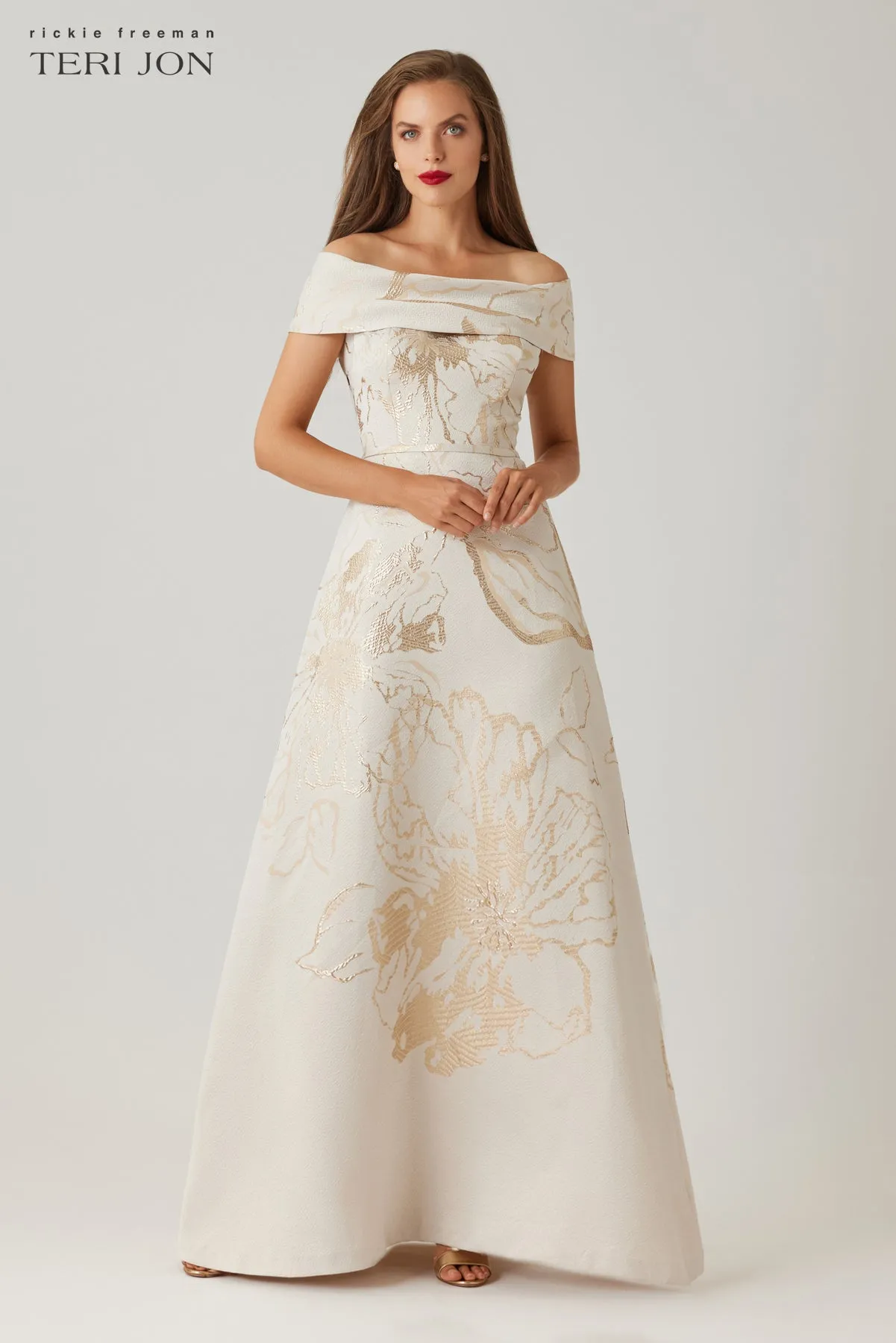 Jacquard Metallic Pattern Cuff Bodice Gown sold by Teri Jon product image thumbnail 2