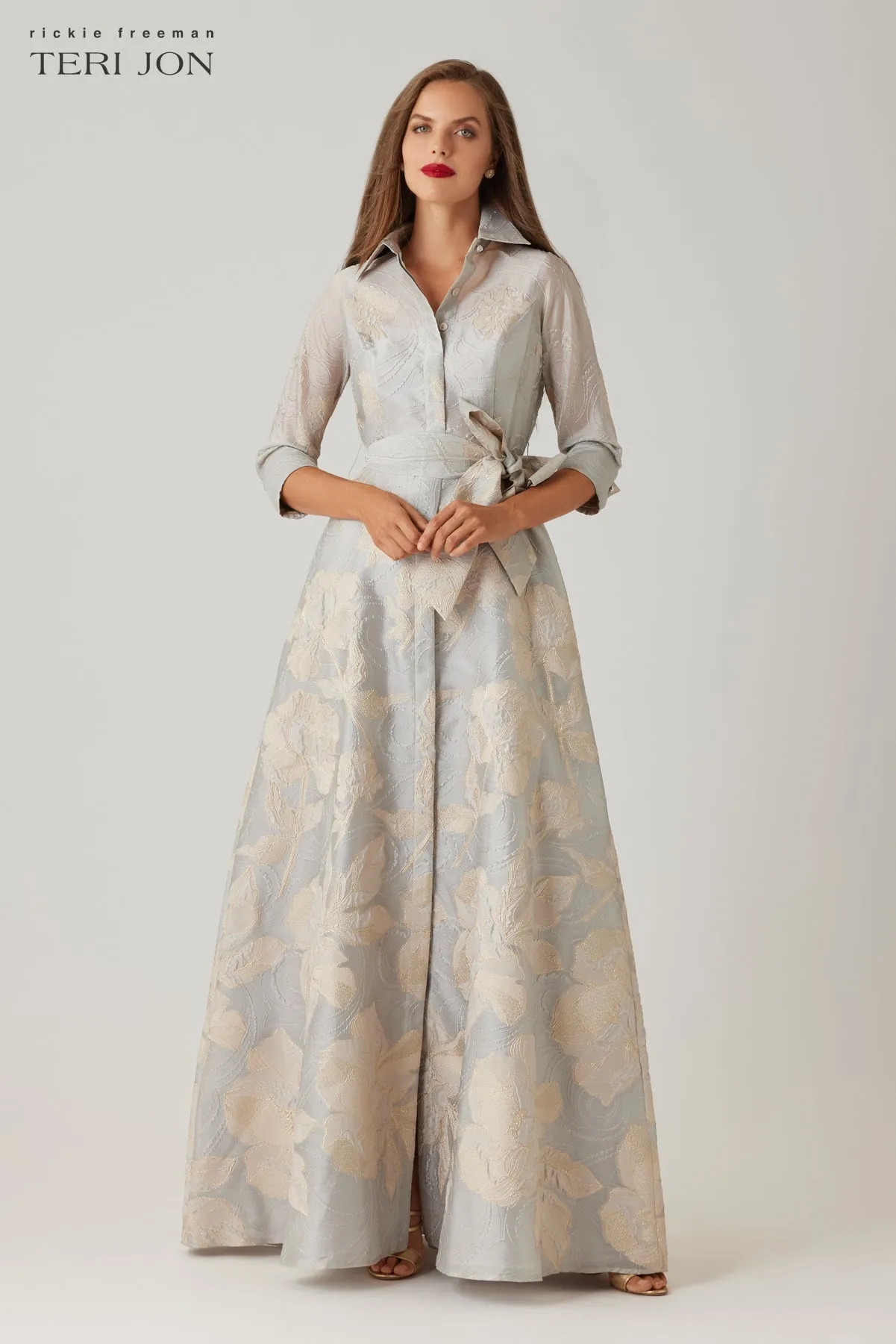 Metallic Floral Jacquard Shirt Waist Gown sold by Teri Jon product image thumbnail 2