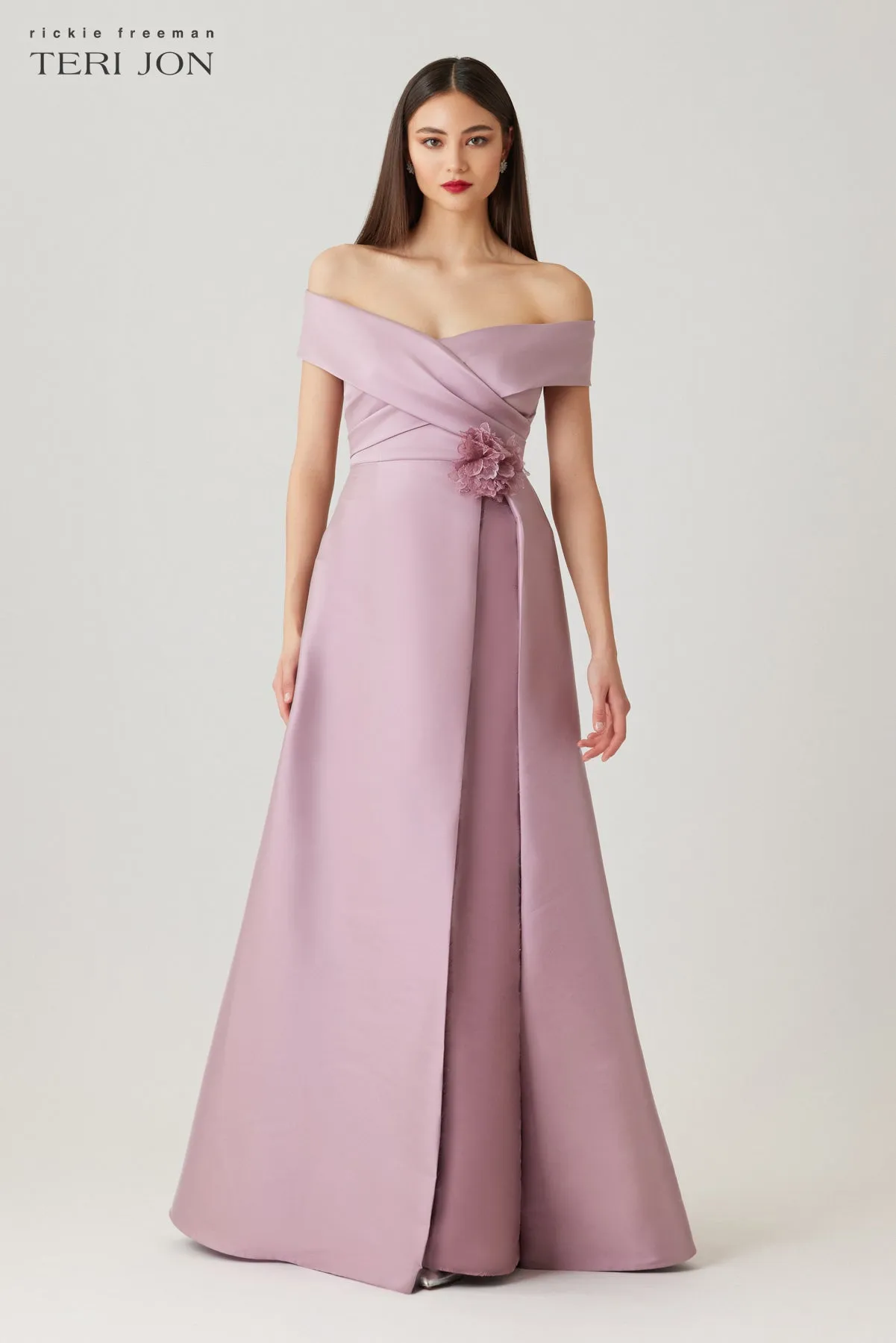 Mikado Lace Off The Shoulder Overlay Skirt Gown sold by Teri Jon product image thumbnail 2