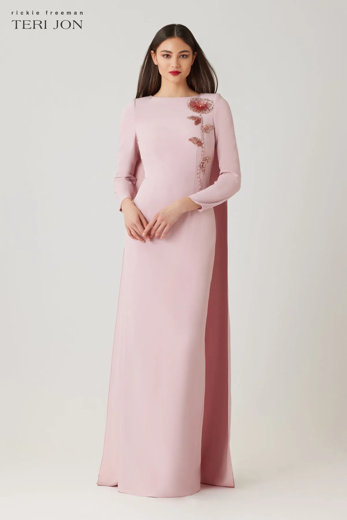 Crepe Beaded Flower Applique Cape Back Gown sold by Teri Jon product image thumbnail 2