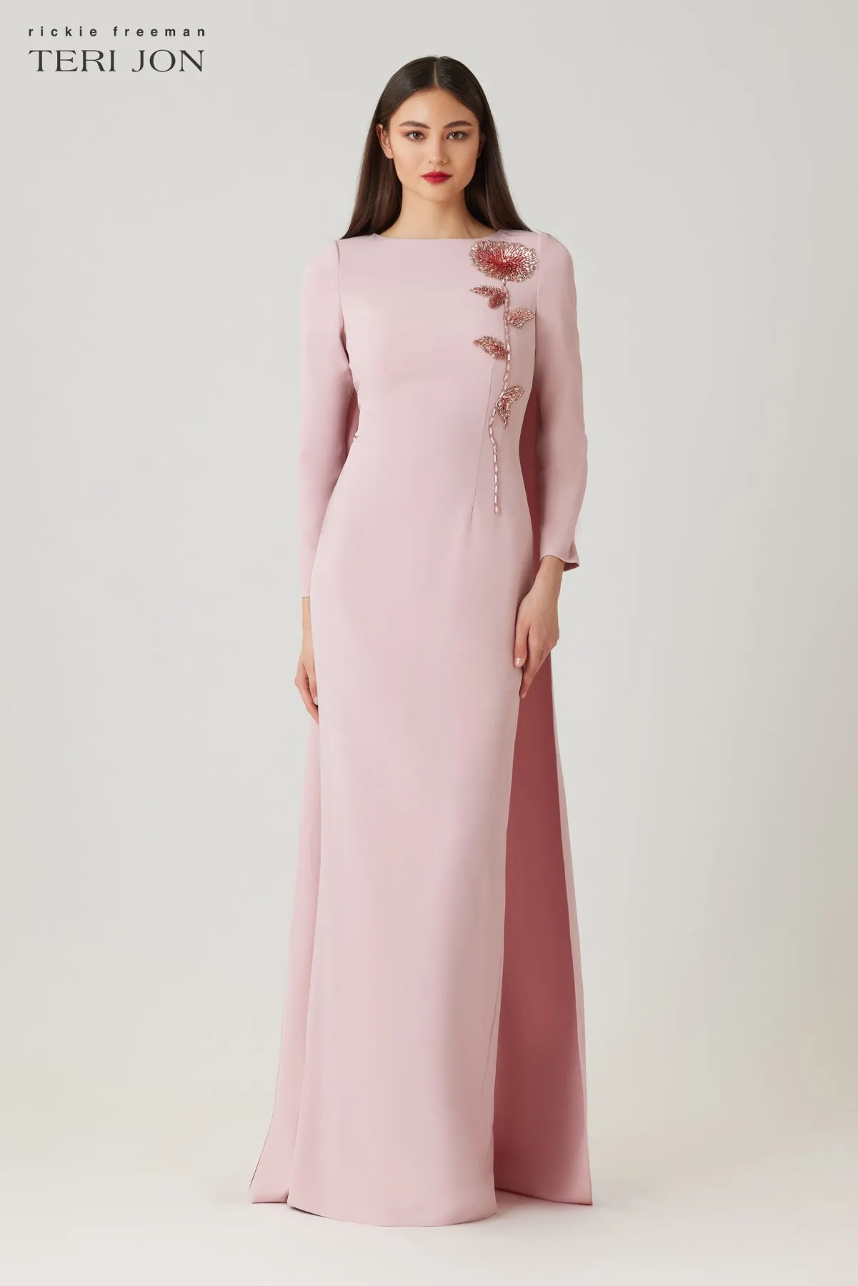 Crepe Beaded Flower Applique Cape Back Gown sold by Teri Jon