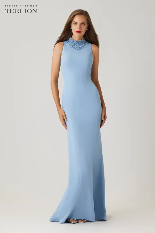 Crepe Beaded Neck Column Gown sold by Teri Jon