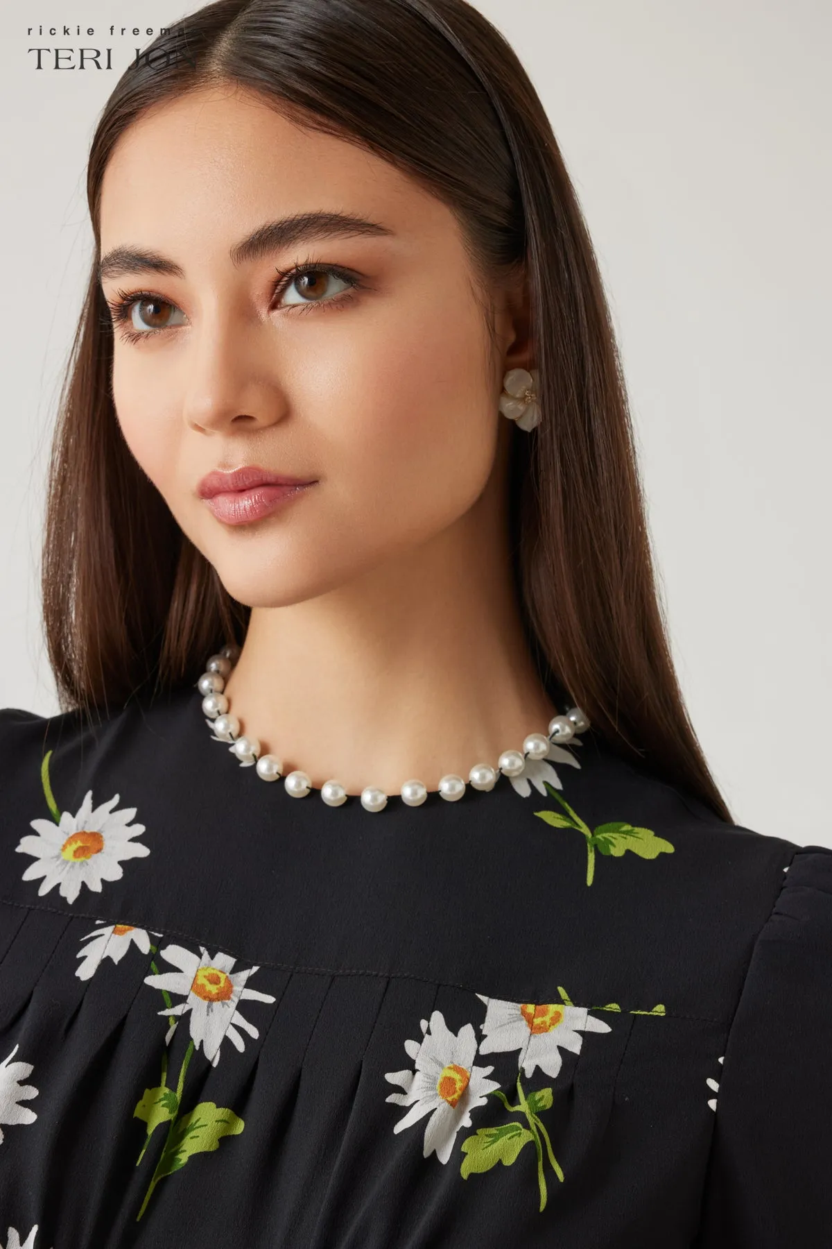 Crepe Daisy Print Pearl Trim Dress sold by Teri Jon product image thumbnail 3