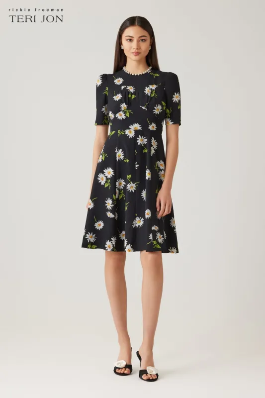 Crepe Daisy Print Pearl Trim Dress made by Teri Jon