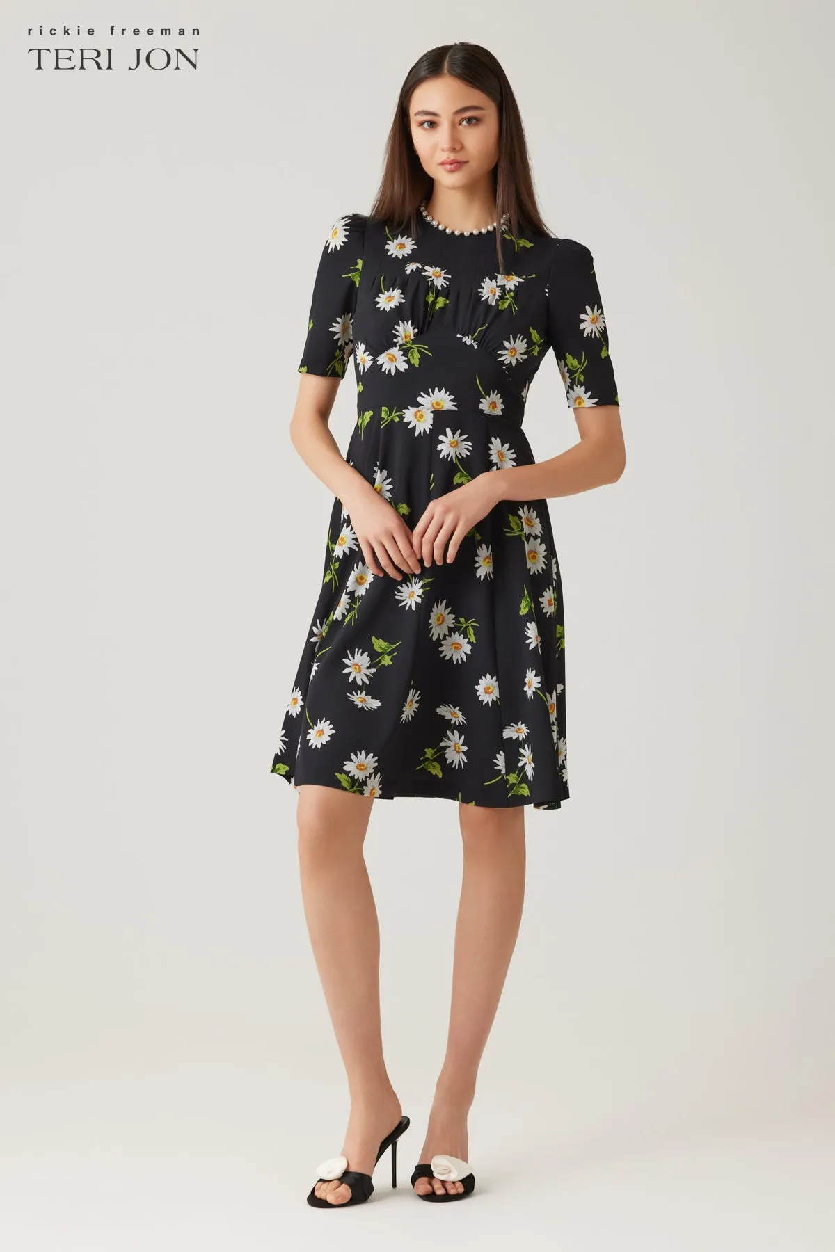 Crepe Daisy Print Pearl Trim Dress sold by Teri Jon product image thumbnail 2