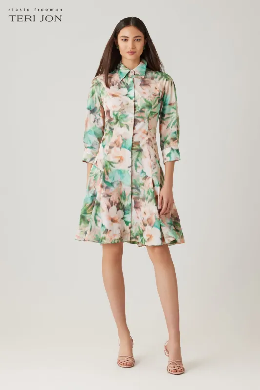 Taffeta Digital Print Godet Hem Shirt Dress made by Teri Jon