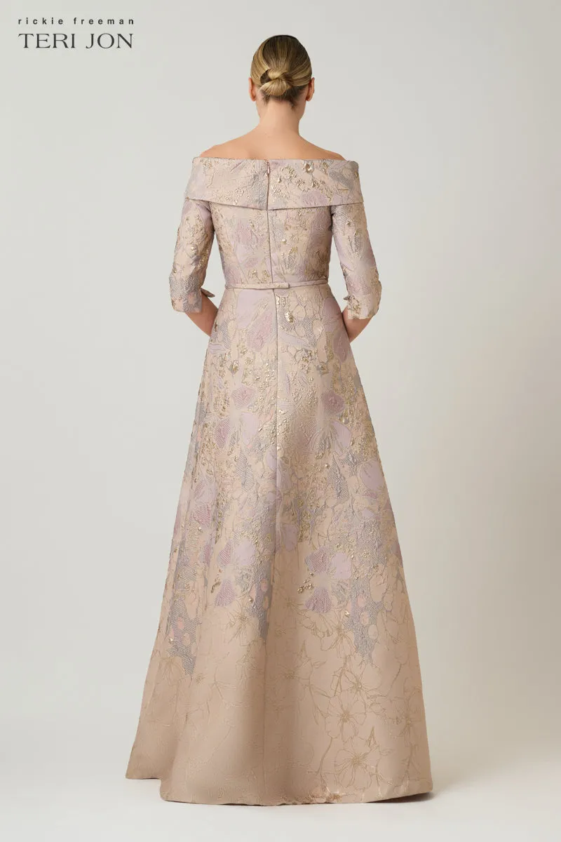 Jacquard Floral Off The Shoulder 3/4 Sleeve Gown sold by Teri Jon product image thumbnail 3