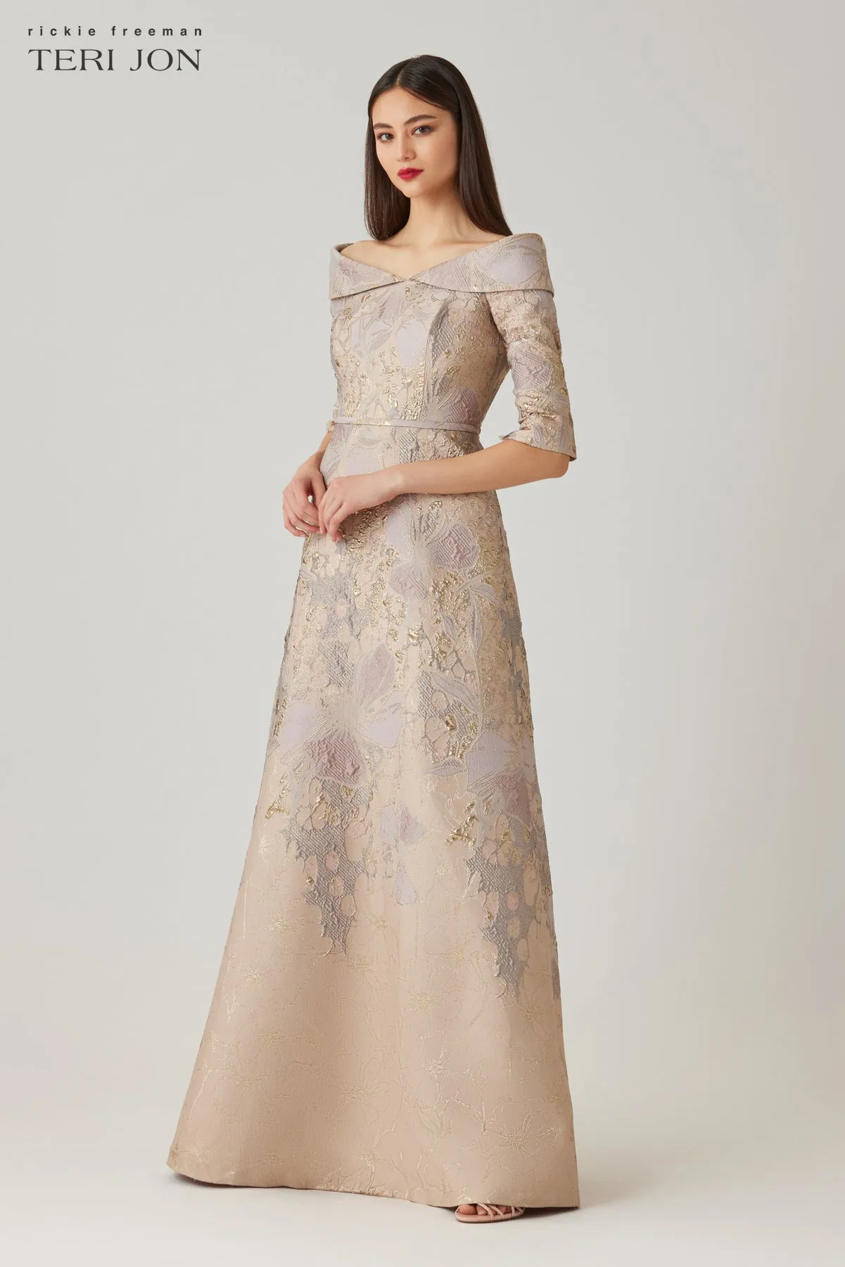 Jacquard Floral Off The Shoulder 3/4 Sleeve Gown sold by Teri Jon product image thumbnail 2