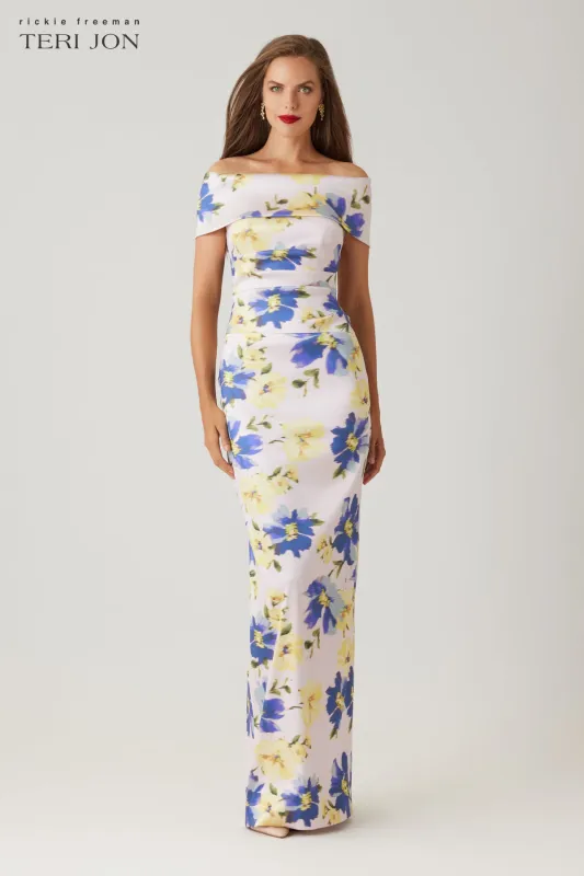 Mikado Digital Print Cuff Bodice Ruched Gown sold by Teri Jon