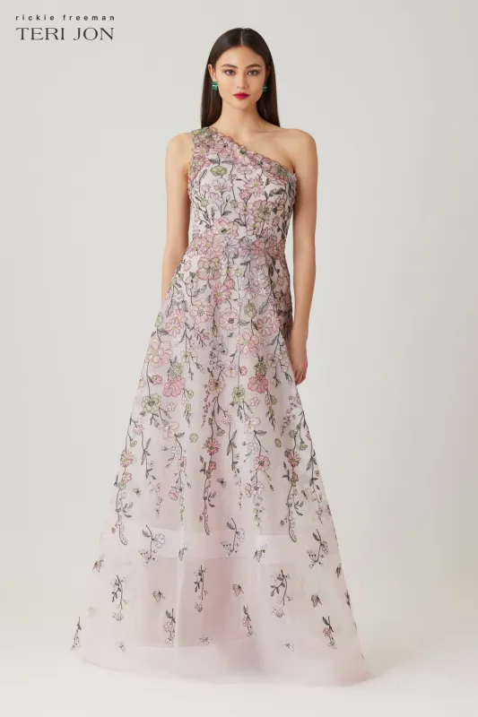 Floral Embroidered Tulle One Shoulder Gown sold by Teri Jon