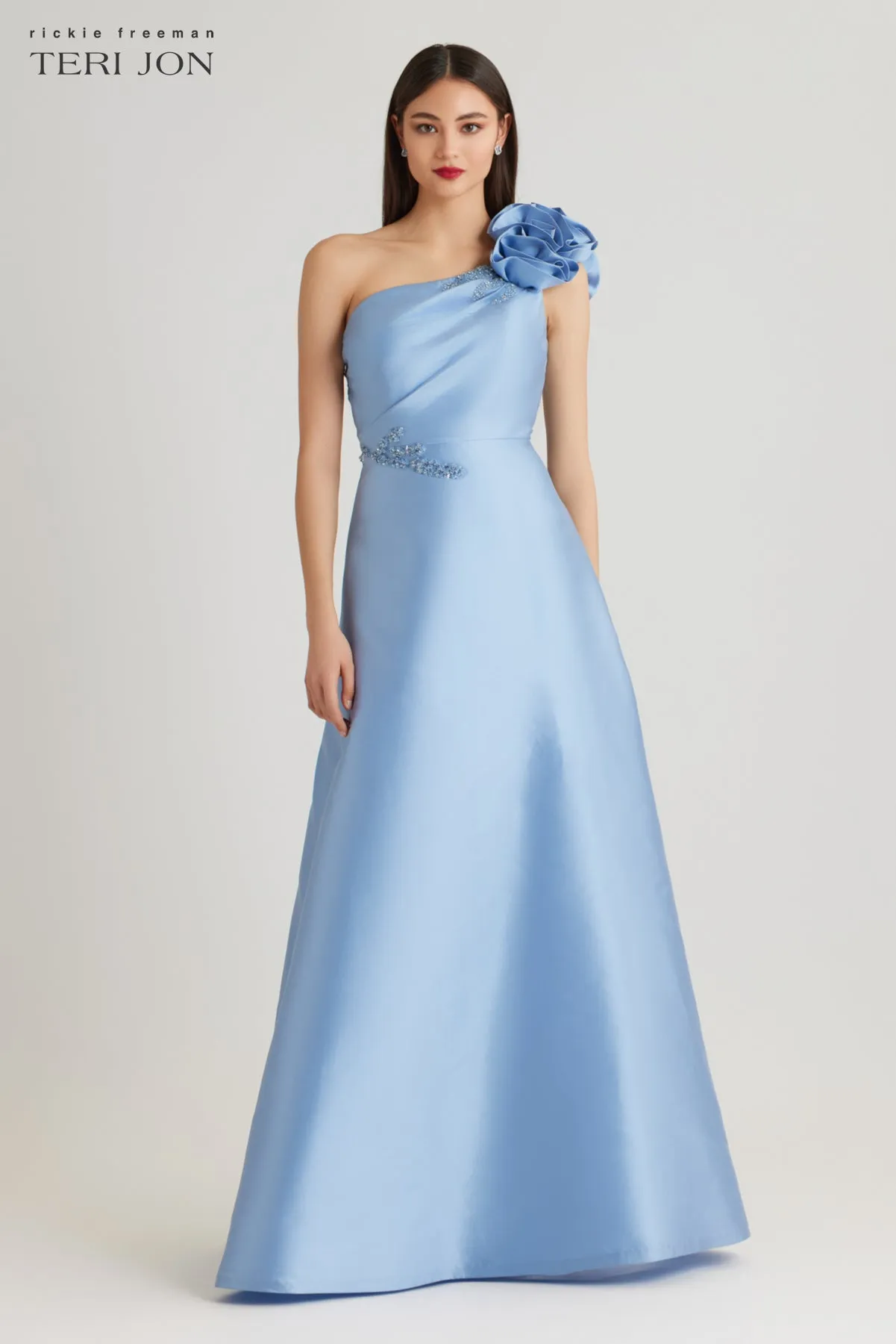 Mikado Flower One Shoulder Bead Applique Gown sold by Teri Jon