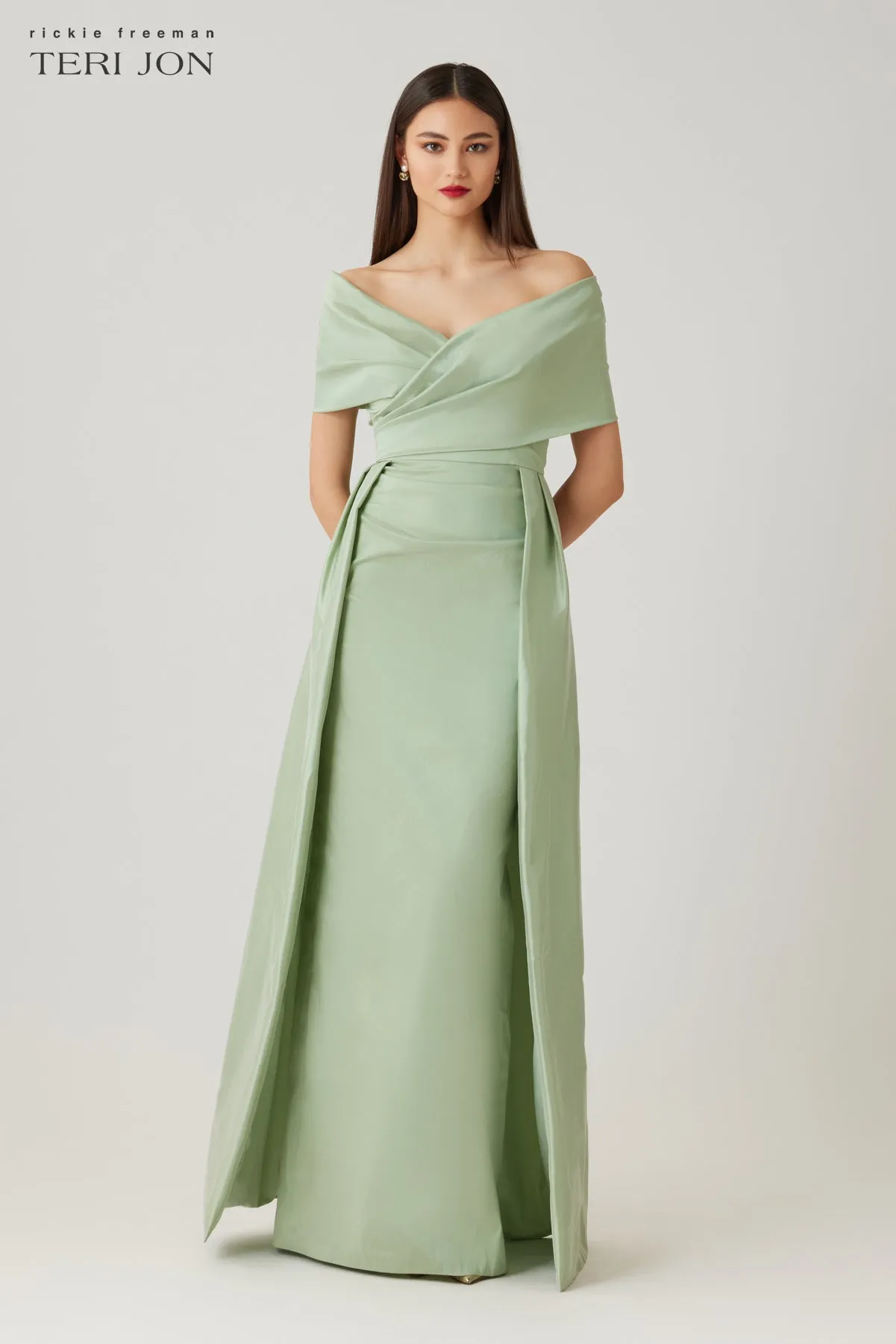 Taffeta Off The Shoulder Overlay Skirt Gown sold by Teri Jon