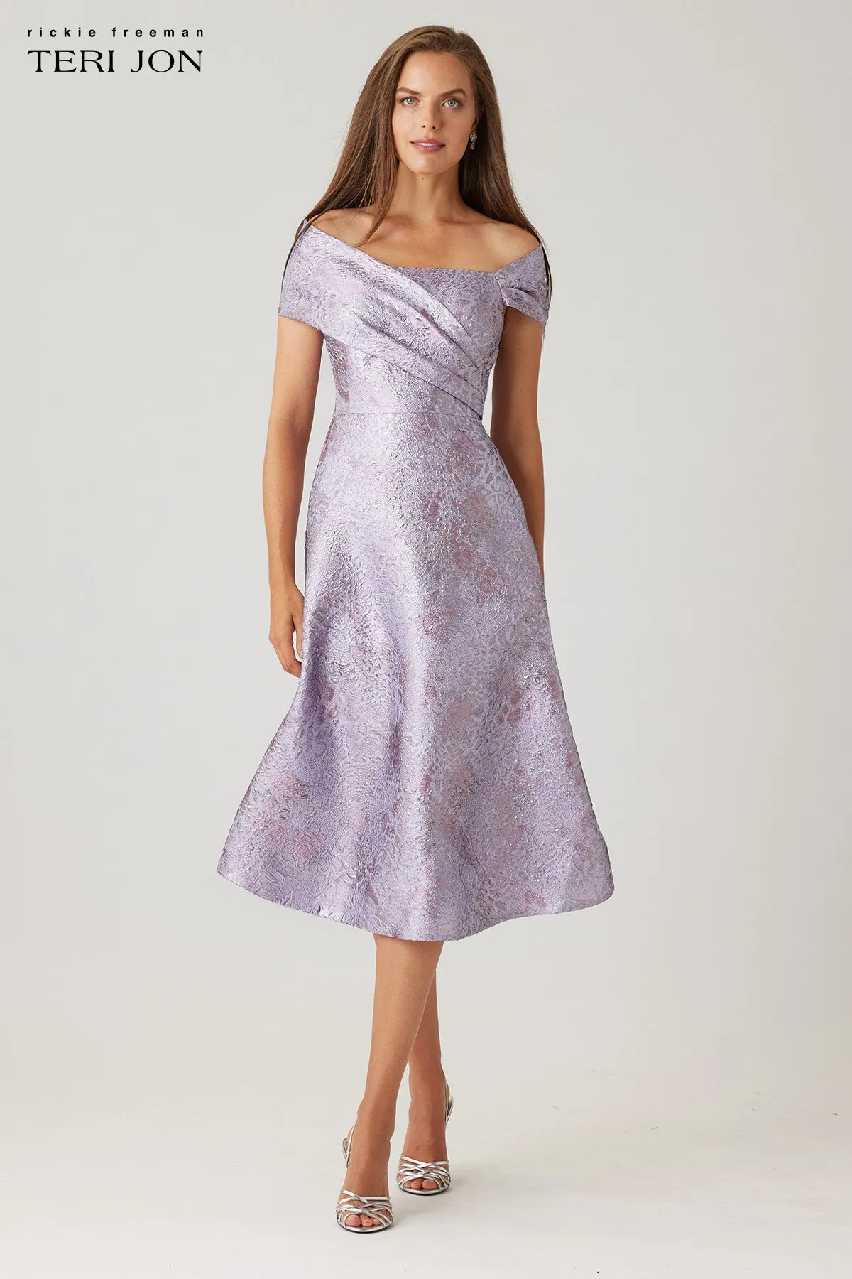 Metallic Jacquard Off The Shoulder Fit And Flare Dress sold by Teri Jon