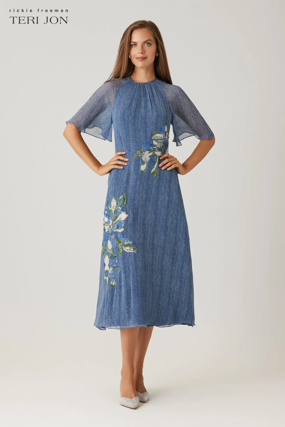 Chiffon Flutter Sleeve Sequin Flower Motif Dress sold by Teri Jon product image thumbnail 2