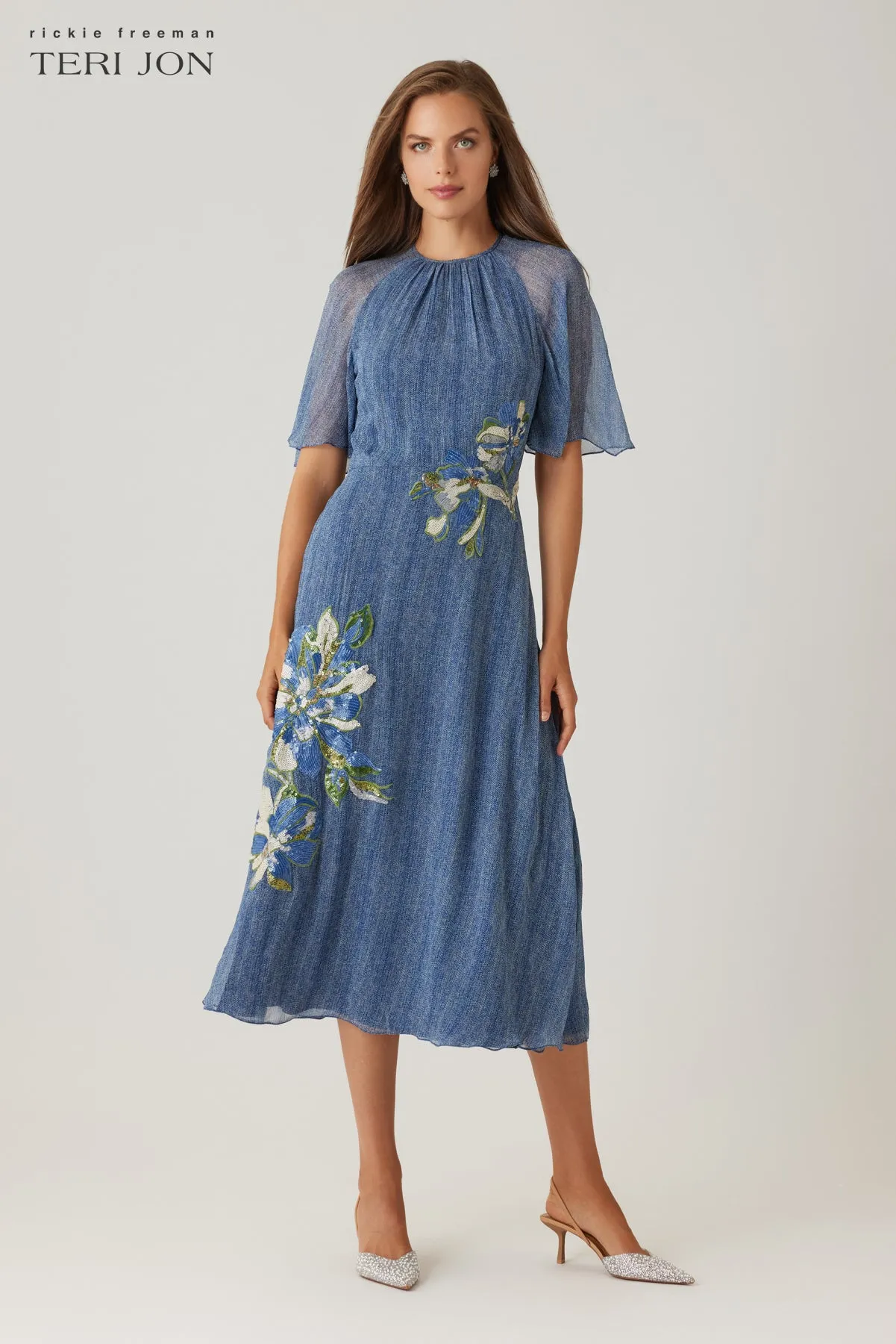 Chiffon Flutter Sleeve Sequin Flower Motif Dress sold by Teri Jon