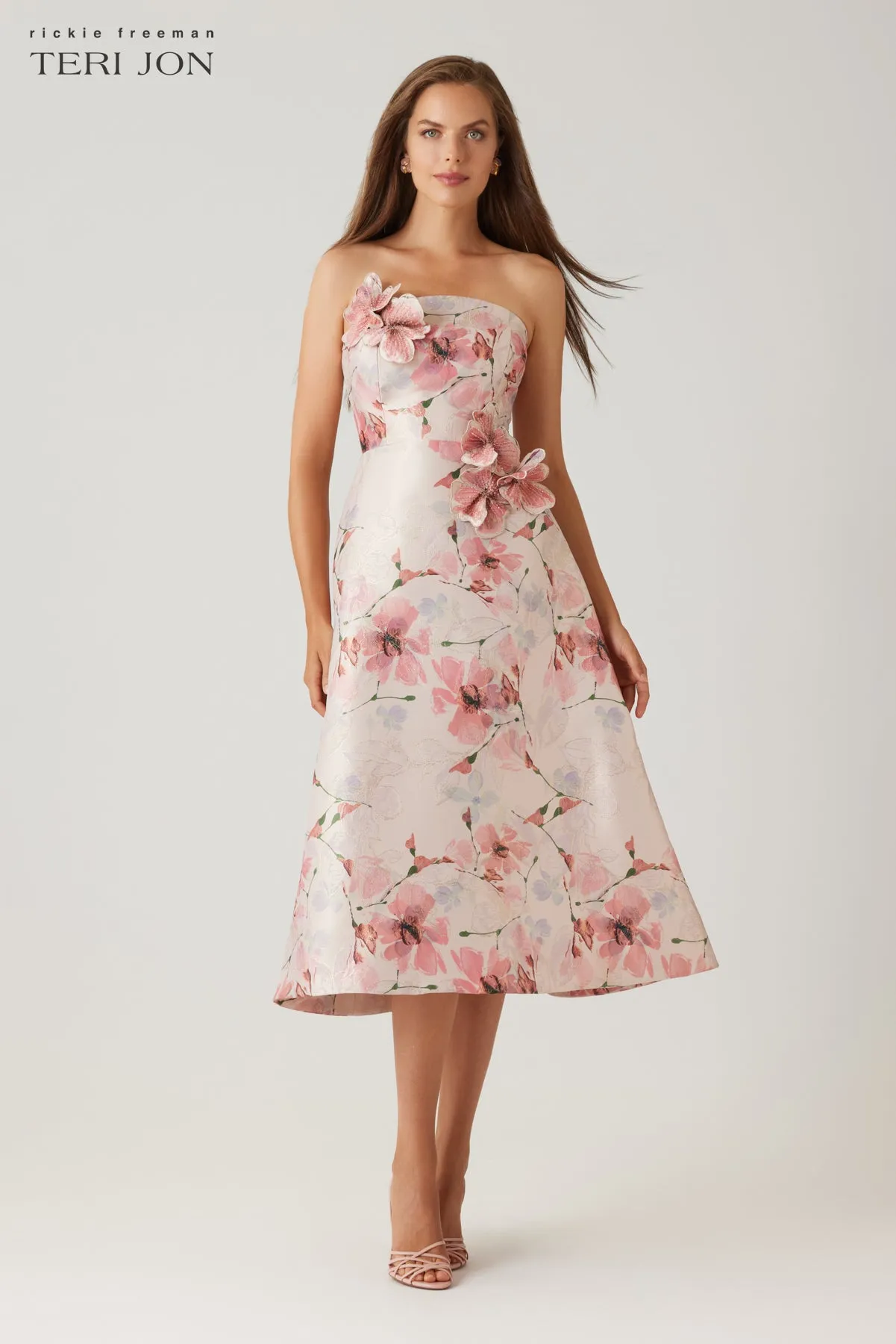 Gazar Strapless 3D Flower Print Fit And Flare Dress sold by Teri Jon