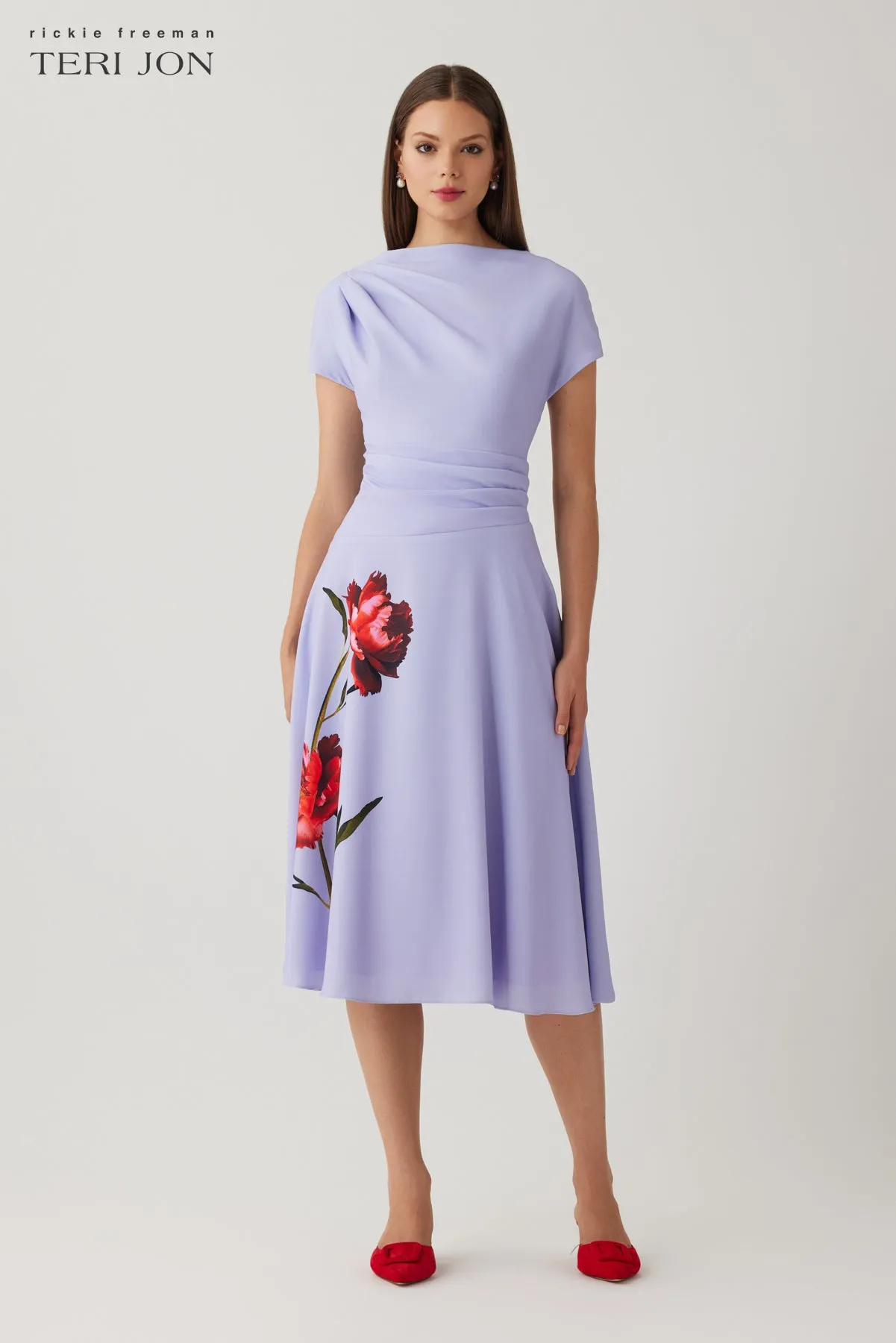 Crepe Cap Sleeve Draped Waist Digital Floral Dress sold by Teri Jon product image thumbnail 2