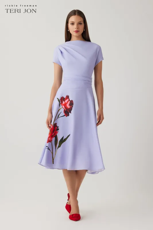 Crepe Cap Sleeve Draped Waist Digital Floral Dress sold by Teri Jon