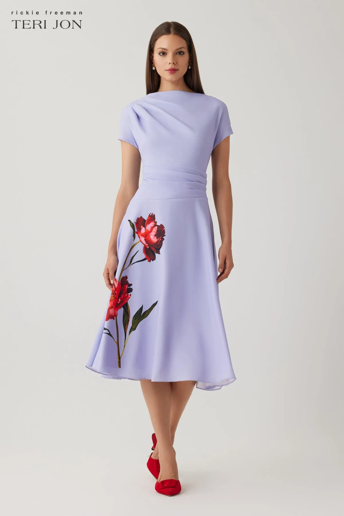 Crepe Cap Sleeve Draped Waist Digital Floral Dress sold by Teri Jon