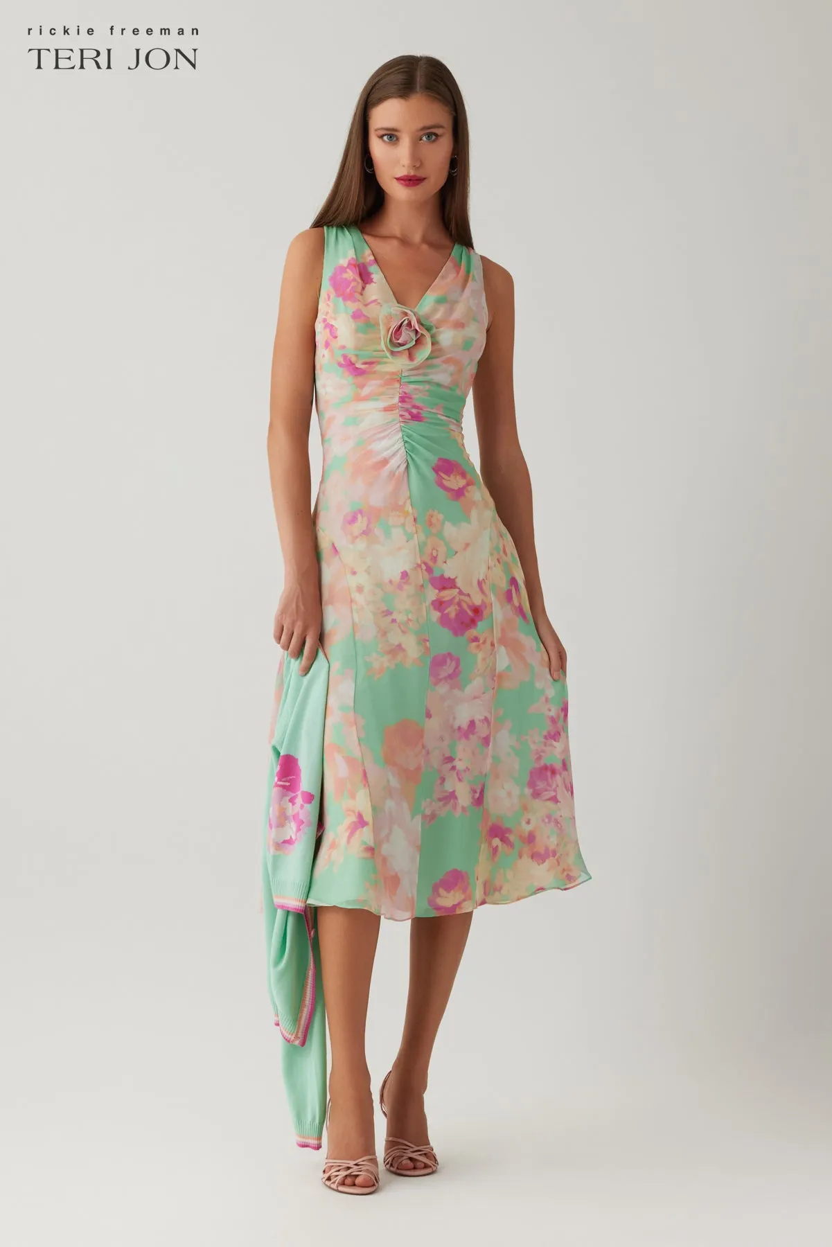 Chiffon Print V Neck Ruched Front Dress sold by Teri Jon
