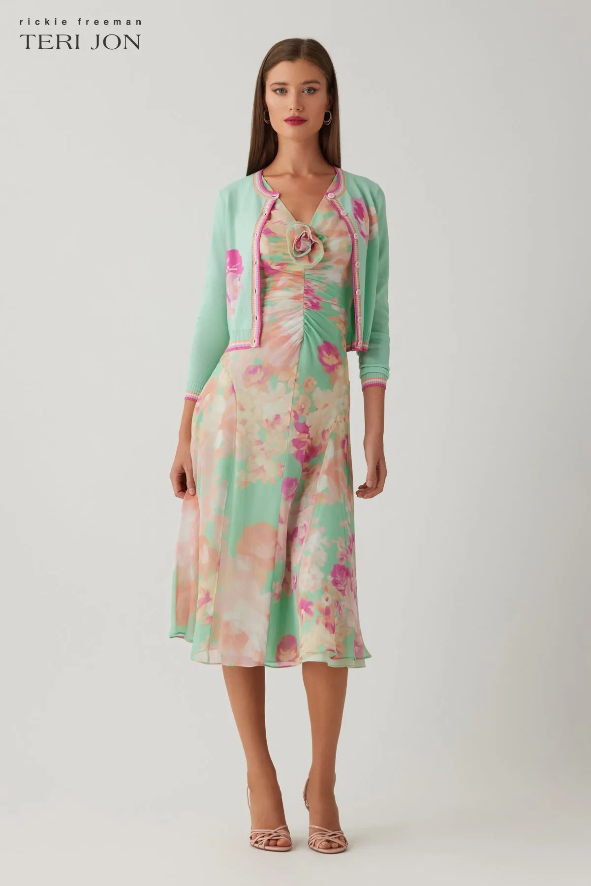 Chiffon Print V Neck Ruched Front Dress sold by Teri Jon product image thumbnail 2