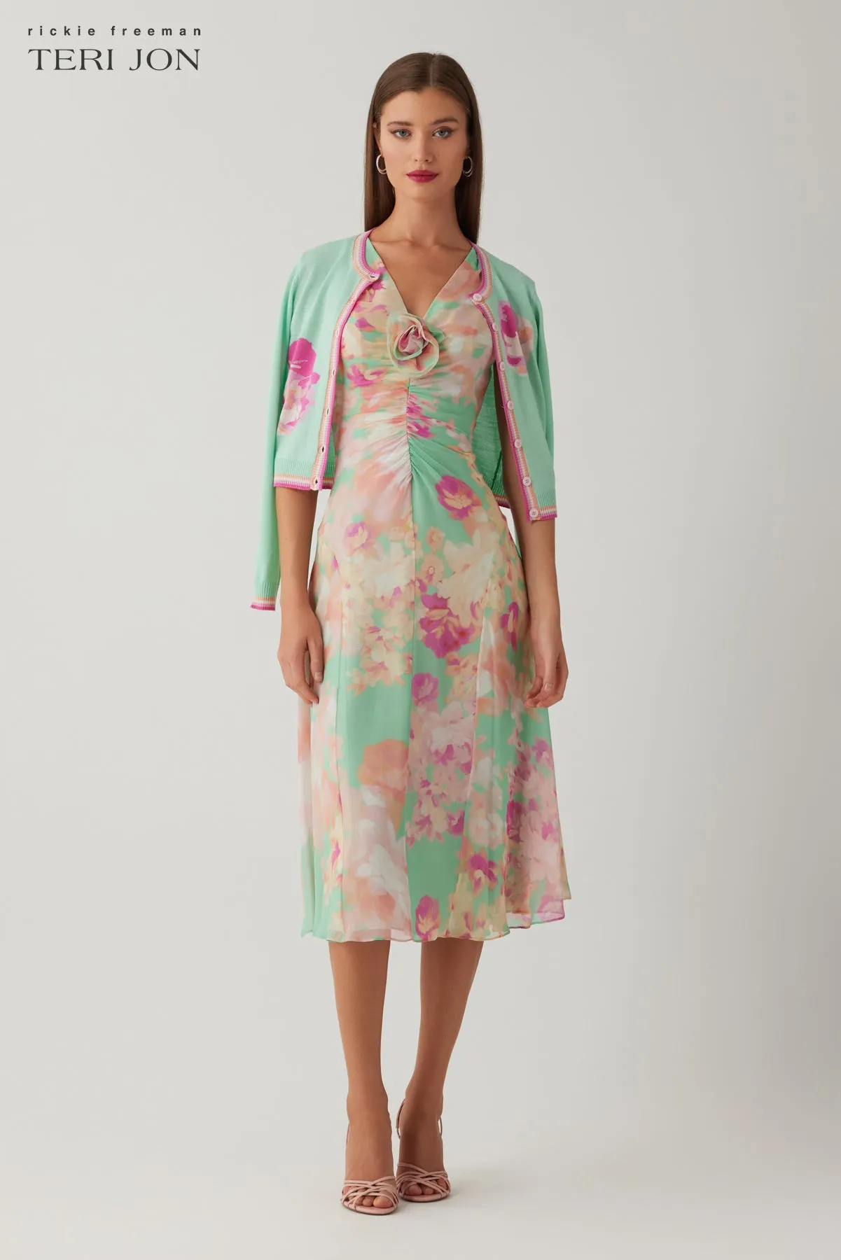 Chiffon Print V Neck Ruched Front Dress sold by Teri Jon product image thumbnail 3