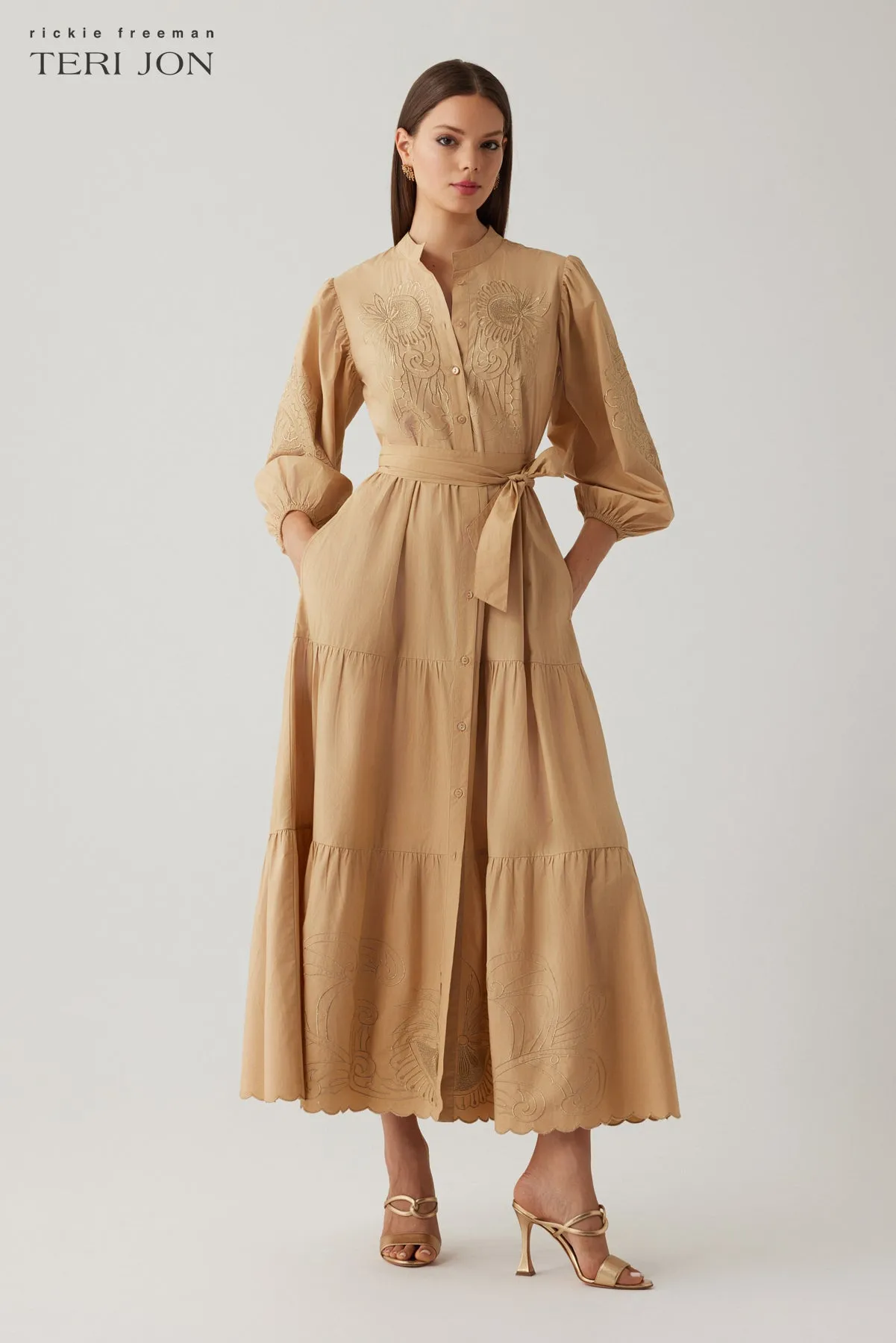 Cotton Metallic Embroidered Full Sleeve Tiered Skirt Dress sold by Teri Jon product image thumbnail 2